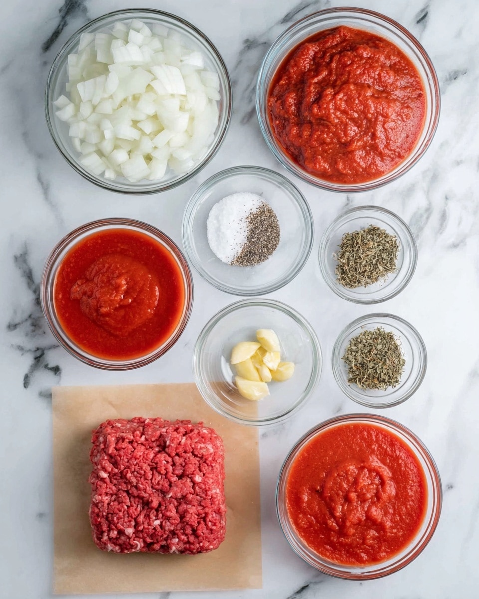 The image shows eight clear glass bowls arranged neatly on a white marbled surface, each containing different ingredients. Starting from the top left, there is a bowl filled with white chopped onions, and next to it on the right is a bowl of thick red tomato sauce with a slightly rough texture. Below, in the middle left, a small bowl holds white salt mixed with black pepper, and beside it on the right is another small bowl filled with mixed dried herbs. Directly below these, a small bowl contains minced garlic with a yellowish color. To its right, there is a bowl of bright red pureed tomato sauce, smooth in texture. At the bottom left, a bowl with coarse white salt is visible, and finally, at the bottom center is a raw block of ground red meat placed on brown parchment paper. The whole setting is bright and clear, highlighting the freshness and texture of each ingredient, photo taken with an iphone --ar 4:5 --v 7