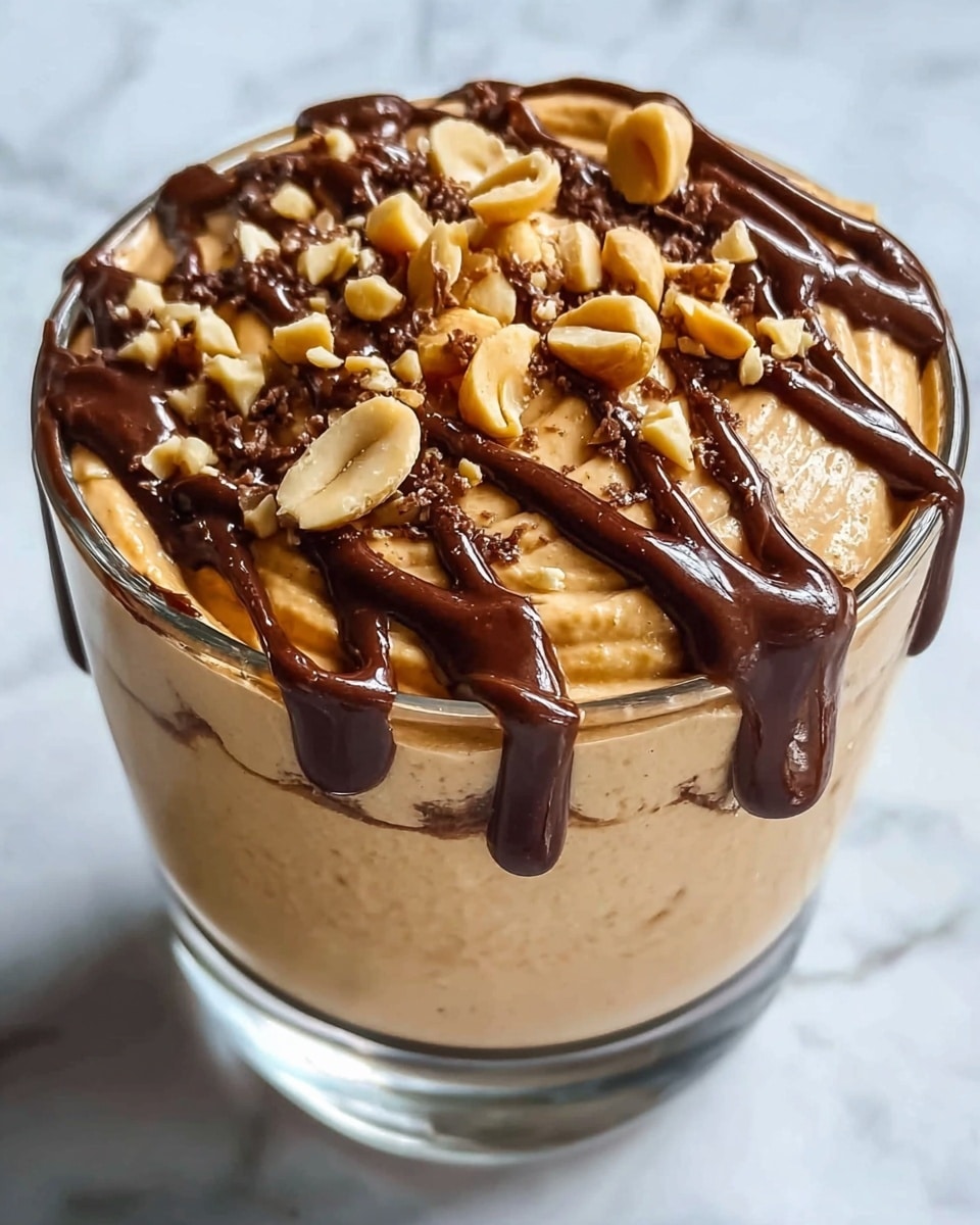 The image shows a single-layer dessert in a clear glass cup. The main layer is a smooth, creamy light brown mousse filling the cup almost to the top. On top of the mousse, there is a dark brown chocolate drizzle forming a loose crisscross pattern. Scattered over the chocolate drizzle are several chopped peanuts, adding texture and contrast with their beige color. The glass cup sits on a white marbled surface. Photo taken with an iphone --ar 4:5 --v 7