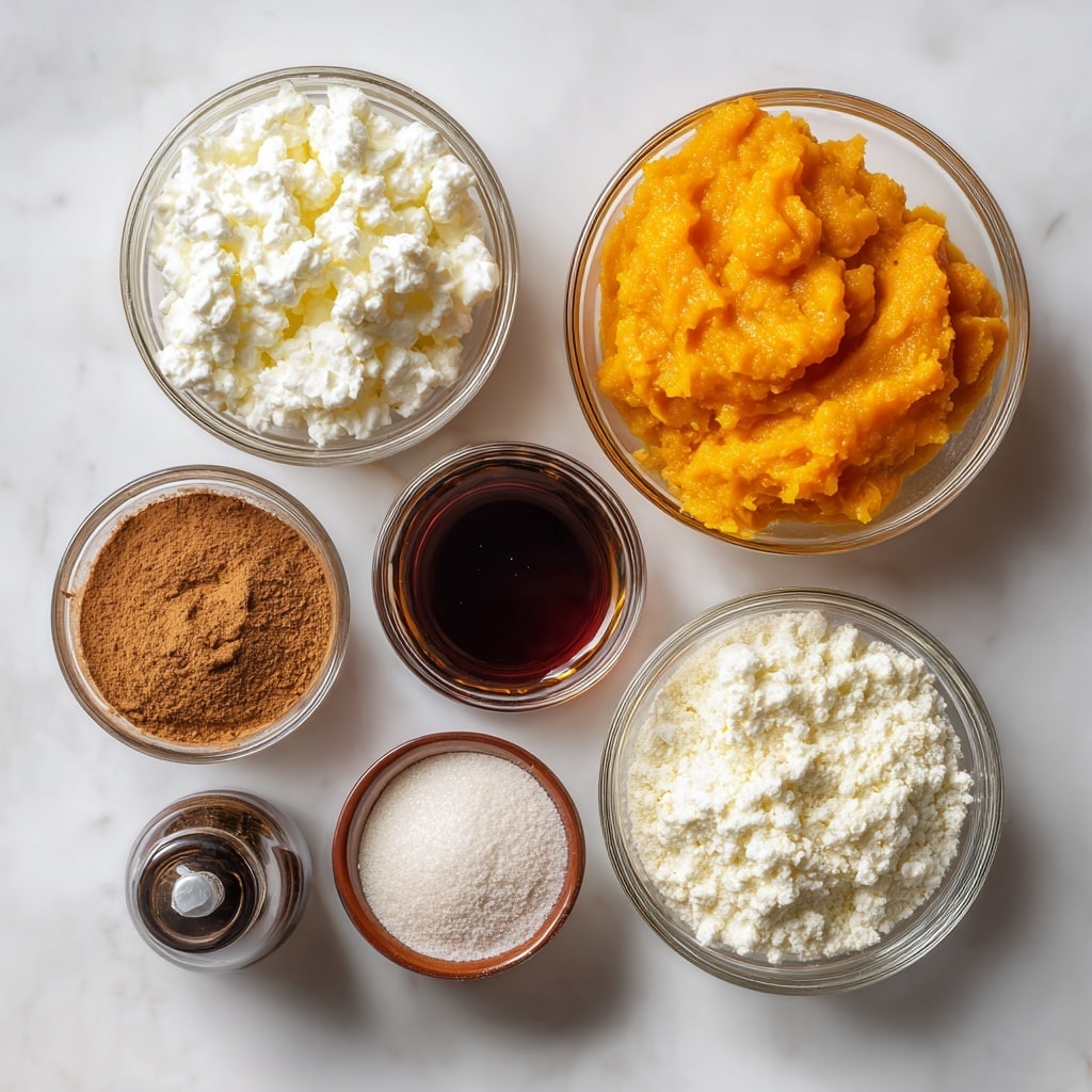 The image shows six small clear glass bowls and containers arranged on a white marbled surface. The top left bowl holds white, lumpy cottage cheese with a soft texture. To its right is a bowl filled with bright orange pumpkin puree, which has a thick, slightly chunky texture. Below the cottage cheese, there is a bowl containing dark amber maple syrup, smooth and shiny. Next to the syrup is a small bottle of light brown cinnamon powder. Below the pumpkin puree is a bowl with off-white protein powder that looks dry and crumbly. To the bottom left is a jar of pumpkin pie spice with a dusty light brown color, next to it is a small metal container filled with dark brown vanilla extract liquid. Each container is neatly labeled with bold text. photo taken with an iphone --ar 4:5 --v 7