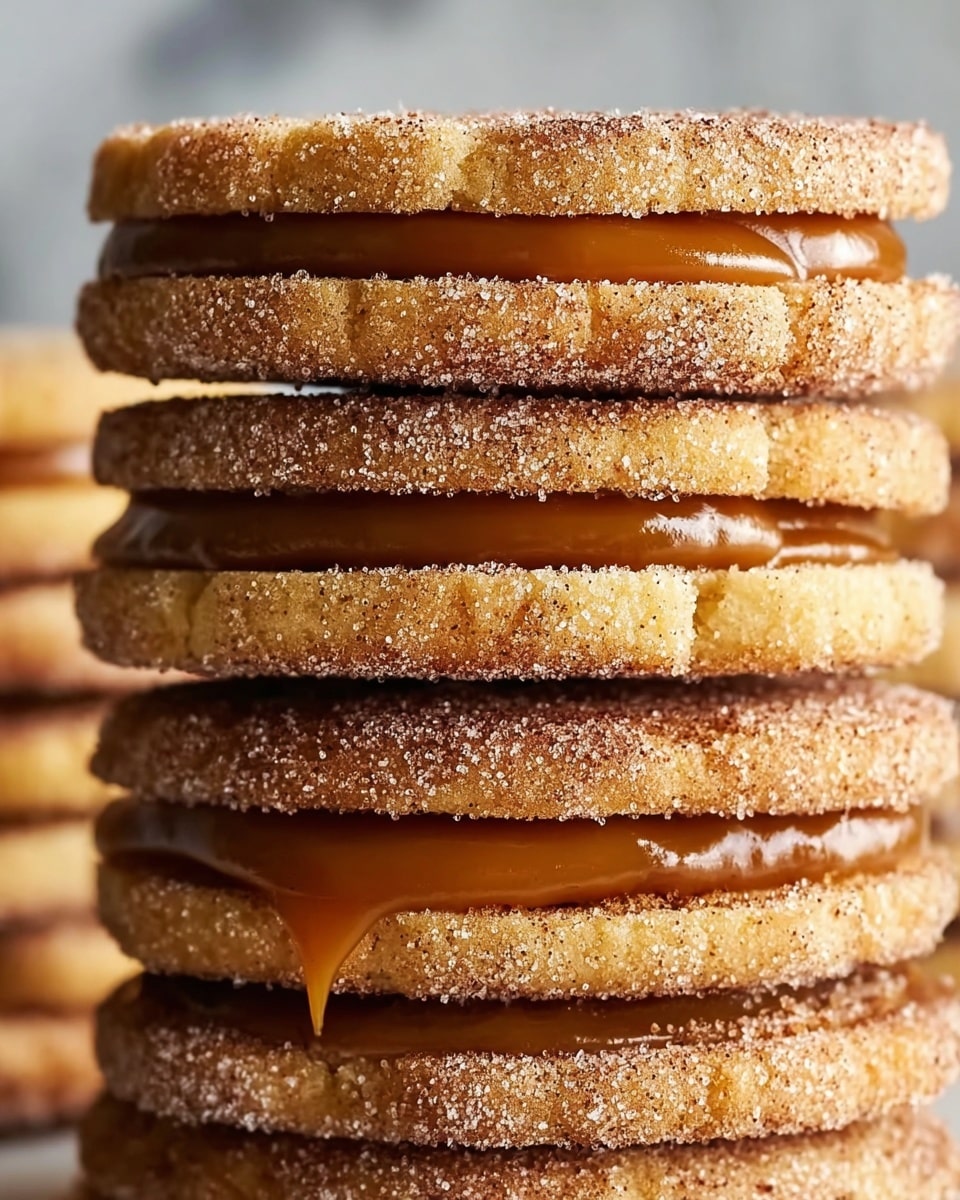 The image shows a close-up view of a stack of round cookies with a smooth, thick layer of caramel filling sandwiched between each cookie. Each cookie is golden-brown with a textured surface covered in fine sugar and cinnamon granules, giving a slightly rough and sparkling look. The stack includes multiple layers, with the caramel slightly oozing out from between the cookies. The background is a white marbled texture. photo taken with an iphone --ar 4:5 --v 7