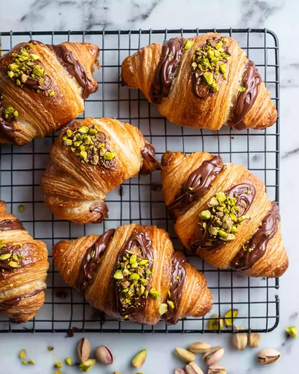 The image shows five croissants arranged on a black cooling rack over a white marbled surface. Each croissant has a top layer of golden brown flaky pastry with visible folds. On top of this, there is a smooth layer of melted chocolate drizzled over the middle part of the croissants. Small chopped green pistachio pieces are sprinkled over the chocolate on each croissant. Some whole pistachio nuts are scattered on the white marbled surface around the rack. Photo taken with an iphone --ar 4:5 --v 7