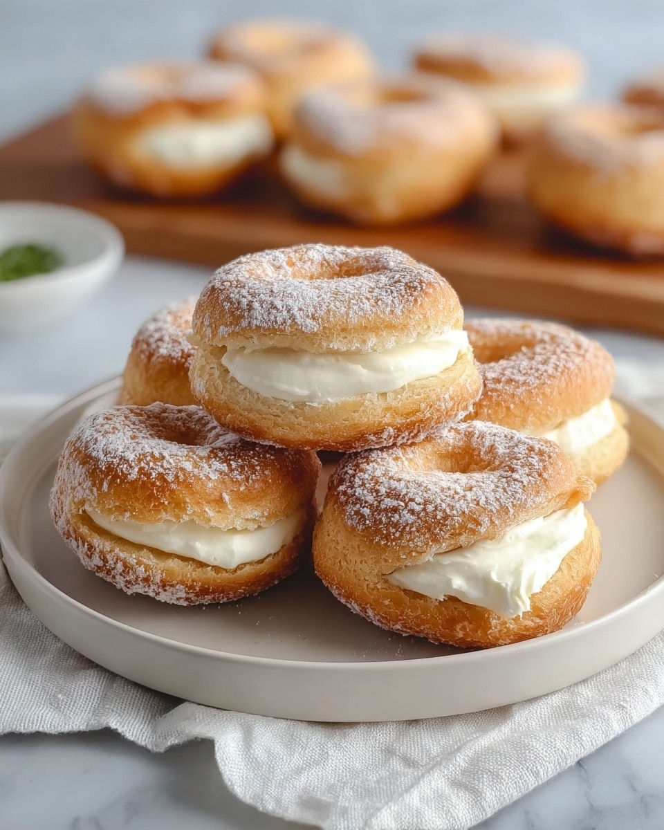 Six golden brown pastries are arranged in a pile on a round white plate, each pastry having a thick, fluffy ring with a light dusting of powdered sugar and a smooth, creamy white center filling. The pastries show a soft, slightly rough texture on the edges, and the white cream contrasts with the golden brown dough. The plate rests on a white marbled surface with a white cloth underneath, while in the background, more pastries sit on a wooden board blurred softly. photo taken with an iphone --ar 4:5 --v 7