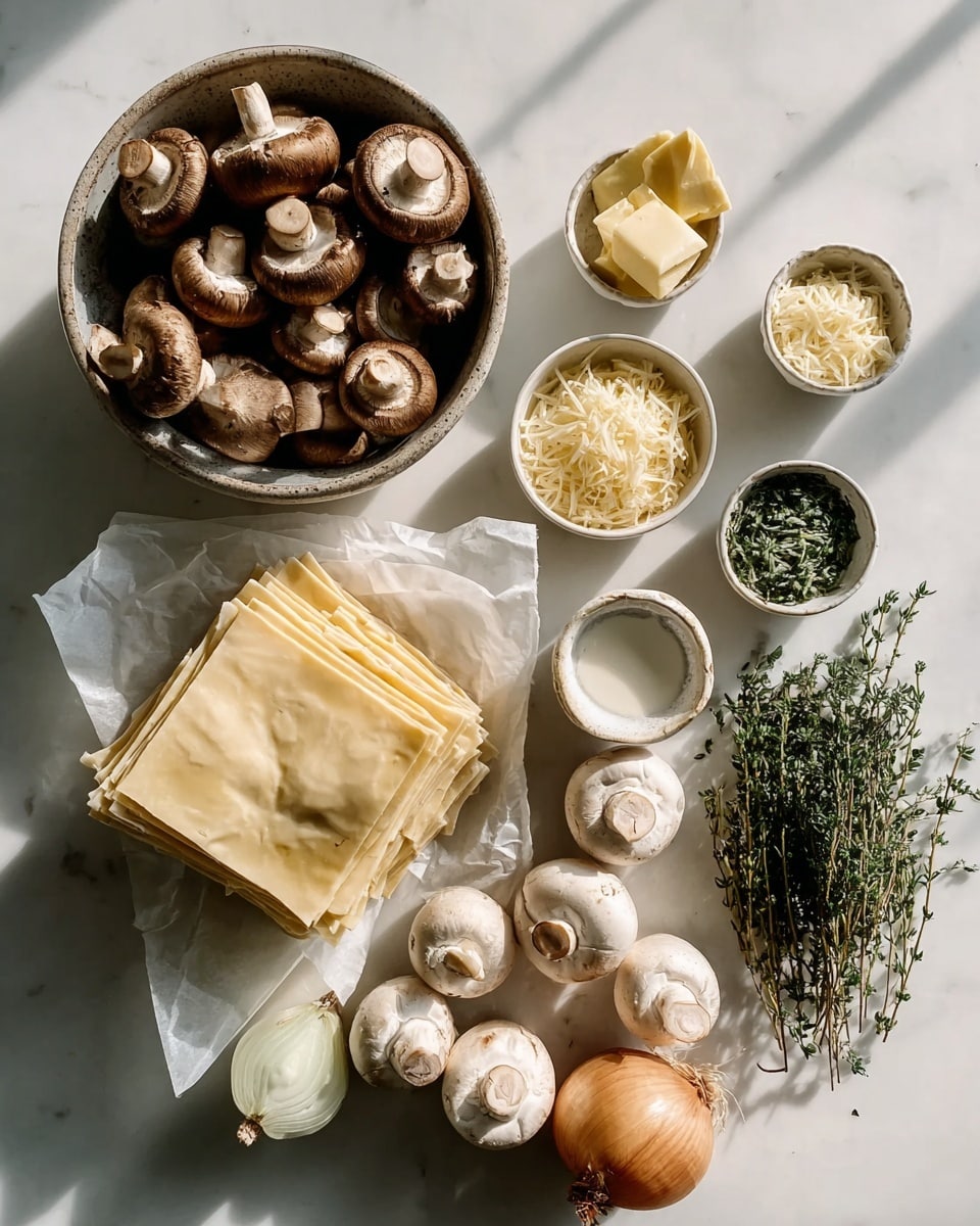 The image shows a white marbled surface with several bowls and ingredients arranged neatly. There is a large bowl filled with whole brown mushrooms at the top left. Below it, there is a stack of light beige pasta sheets resting on white paper. To the right of the pasta, there are fresh green sprigs of thyme. Around them, small bowls hold butter, grated cheese, more grated cheese, fresh herbs, and a white liquid, possibly milk or cream. An onion and several whole white mushrooms are spread out on the surface, with soft natural light casting gentle shadows. Photo taken with an iphone --ar 4:5 --v 7