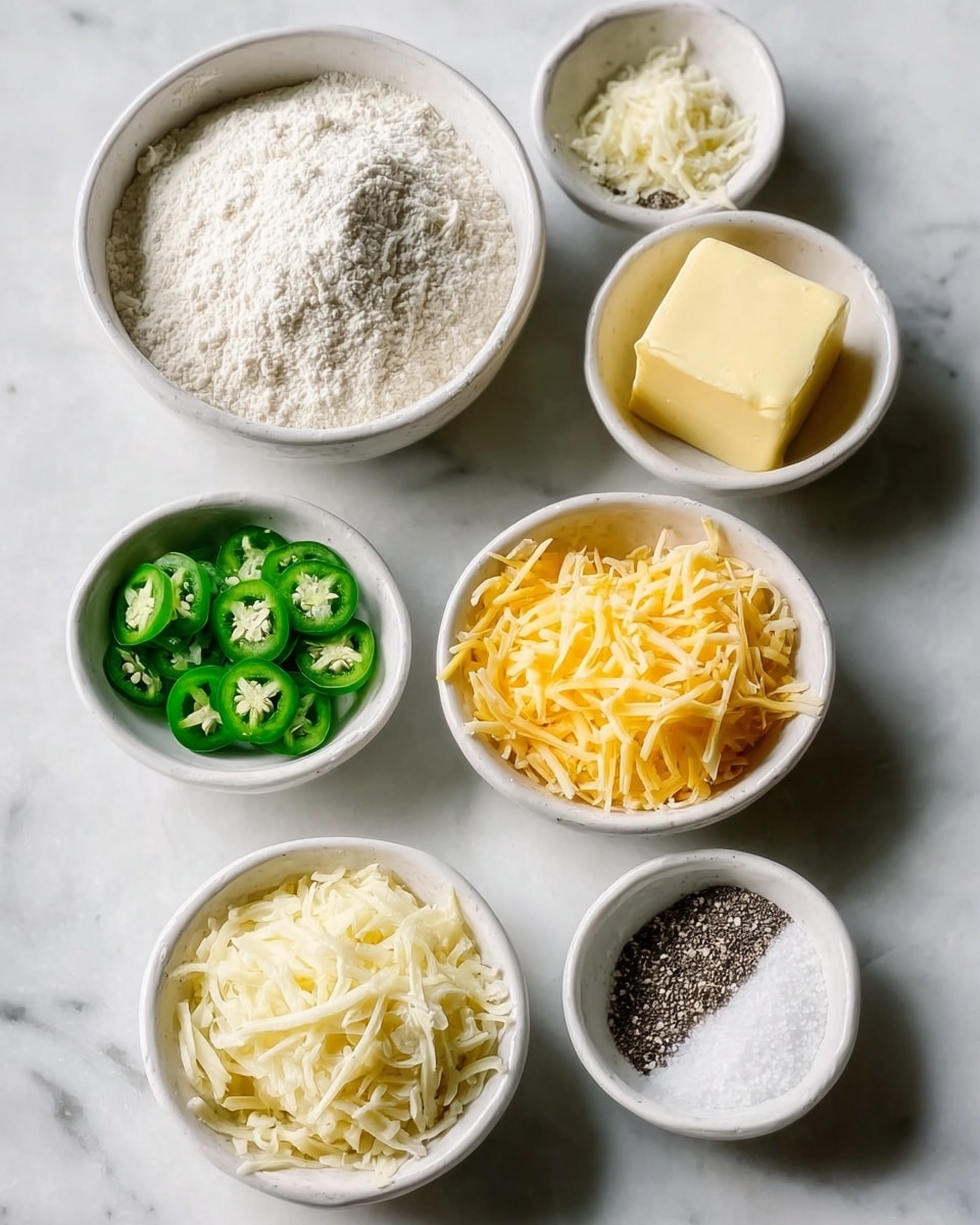 The image shows seven small white bowls arranged neatly on a white marbled surface. One bowl is filled with white flour that looks soft and powdery. Another bowl holds a square piece of yellow butter. There are two bowls with thin green slices of jalapeño peppers, each showing the seeds inside. One bowl contains yellow shredded cheese with a slightly shiny texture, and another has finely shredded white cheese. The last bowl has a mix of coarse black pepper and white salt. The bowls are evenly spaced, and the lighting is soft and natural, giving a fresh feel. photo taken with an iphone --ar 4:5 --v 7