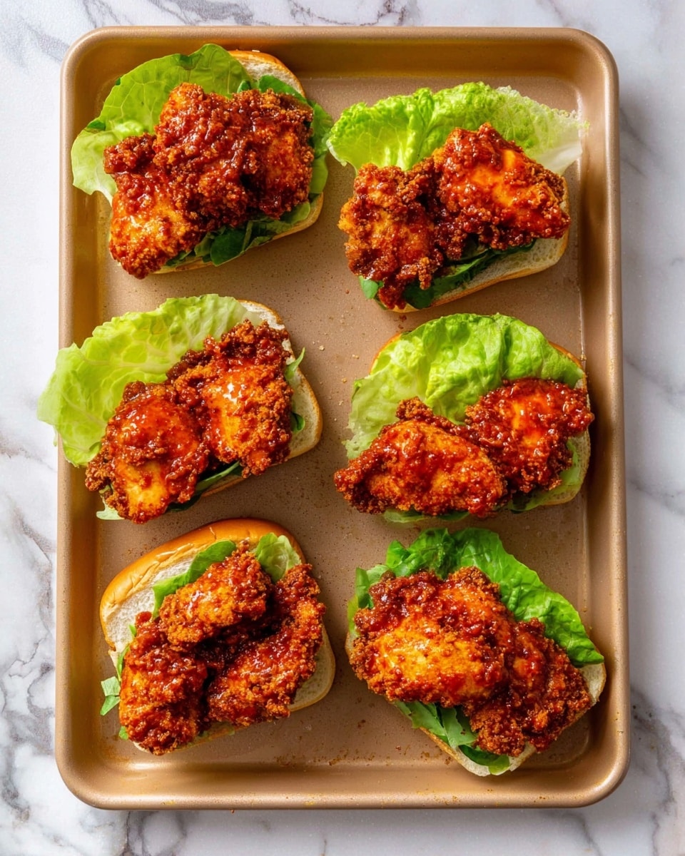 Six pieces of crispy fried chicken with a bright red sauce on top are placed on green lettuce leaves. Each piece sits on a small layer of white sauce, forming a sandwich layer on a beige tray. The chicken pieces are golden brown with rough and crunchy texture, arranged in two rows of three. The tray is set on a white marbled surface. photo taken with an iphone --ar 4:5 --v 7