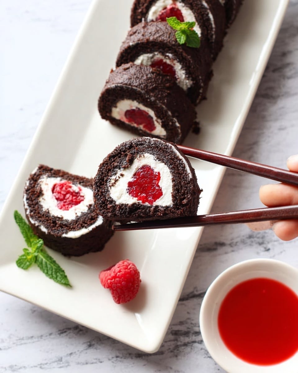 A close-up of a small chocolate roll slice held by a woman's hand using dark wooden chopsticks; the roll has three visible layers with the outside being dark chocolate sponge, a middle creamy white layer, and a bright red raspberry in the center, held on a white square plate. On the plate, there are more chocolate roll slices arranged in a curve, each showing the same layers with one topped with a fresh raspberry and two green mint leaves. Next to the plate, there is another white square dish filled with smooth red raspberry sauce. The setup is placed on a white marbled surface. Photo taken with an iphone --ar 4:5 --v 7