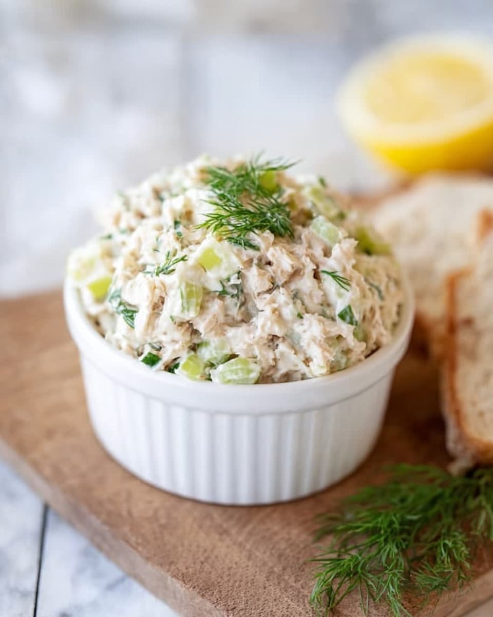 The image shows a small white ceramic bowl filled with a creamy salad mixture with visible small white pieces mixed with light green cucumber chunks and dark green fresh dill, which is sprinkled on top and throughout the salad. The bowl rests on a light wooden surface with a blurred green herb and a couple of lemon slices in the background on a white marbled texture. The texture of the salad looks soft and slightly chunky. Photo taken with an iphone --ar 4:5 --v 7