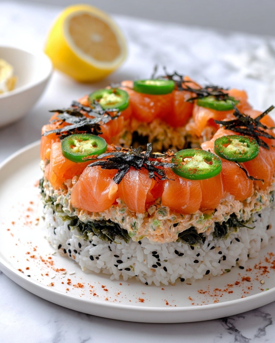 The image shows a round sushi cake made with three main layers on a white plate sitting on a white marbled surface. The bottom layer is white sushi rice speckled with black and white sesame seeds. On top of the rice is an orange creamy spicy salmon layer with visible small green herb pieces. Above this is a thin green avocado layer, smooth and even. The top layer is white sushi rice again, partly covered with neatly arranged orange salmon slices along the outer ring. On top of the salmon are thin black seaweed strips and slices of fresh green jalapeño peppers spread evenly. The sushi cake is garnished lightly with red spice flakes. In the background, there is a lemon half blurred out. Photo taken with an iphone --ar 4:5 --v 7