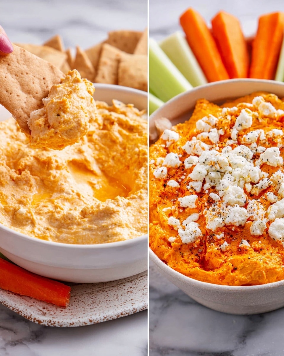 The image shows two white bowls filled with creamy dips placed on a white marbled surface. The bowl on the left contains a thick, whipped orange and white spread with visible cheese texture, and a pita chip dipped halfway into the creamy mixture. The bowl on the right is filled with a bright orange mixer topped with crumbled white cheese and small black specks of pepper, with pieces of pita chips partially standing in the dip along with fresh carrot and celery sticks on the side. The presentation highlights smooth, chunky textures and contrasting colors of orange, white, and light brown. Photo taken with an iphone --ar 4:5 --v 7