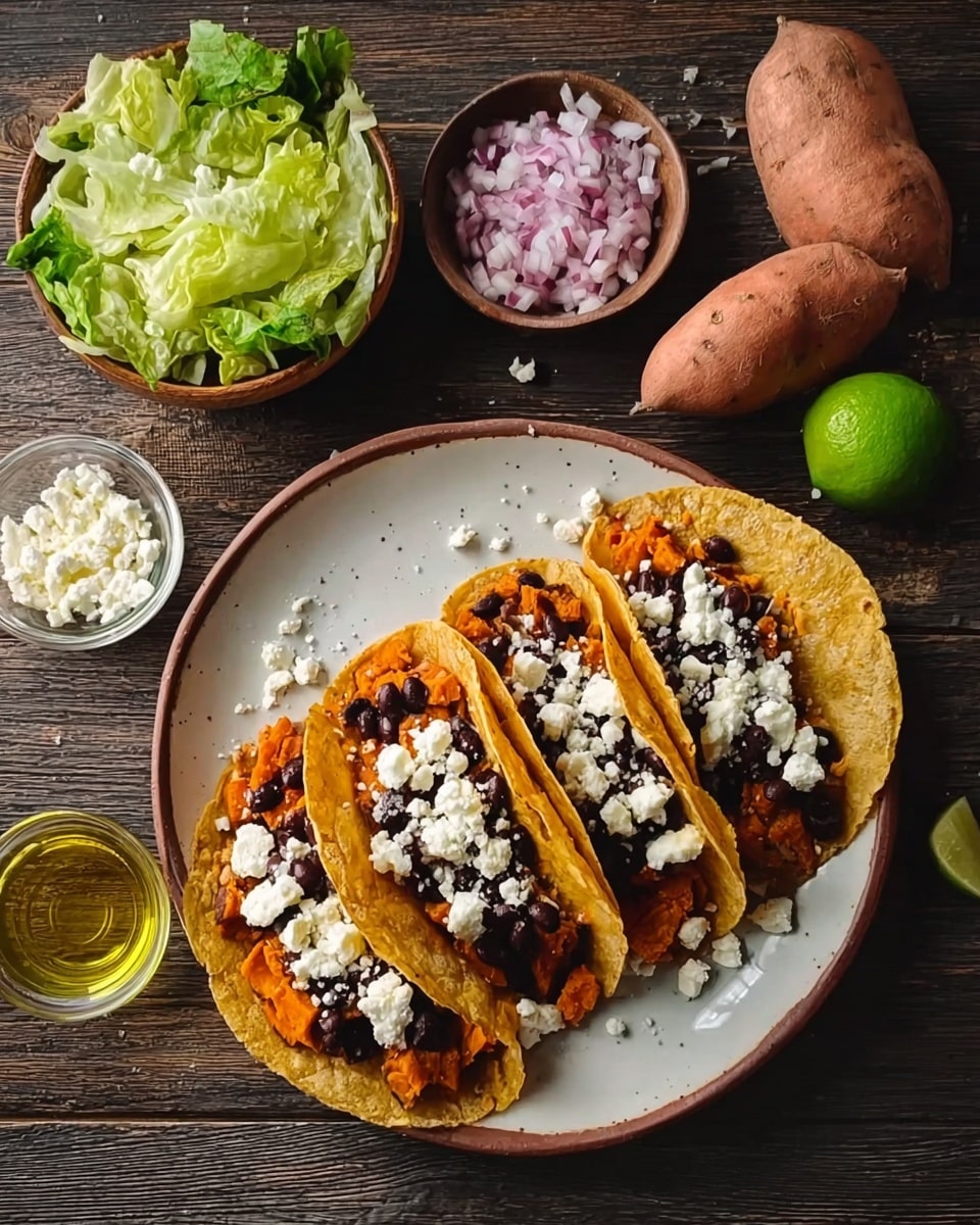 Three tacos sit side by side on a round white plate placed on a wooden board. Each taco has a folded golden-yellow tortilla with a slightly charred texture. Inside, there are several layers: bright orange roasted cubes of sweet potato at the base, topped with black beans, light green diced avocado, slivers of purple onion, and fresh green cilantro leaves scattered over. A white creamy sauce is drizzled on top of each taco. Two lime wedges are placed at the edge of the plate. The background shows a white marbled surface with a small bowl of green herbs and a white bowl of white sauce nearby. Photo taken with an iphone --ar 4:5 --v 7