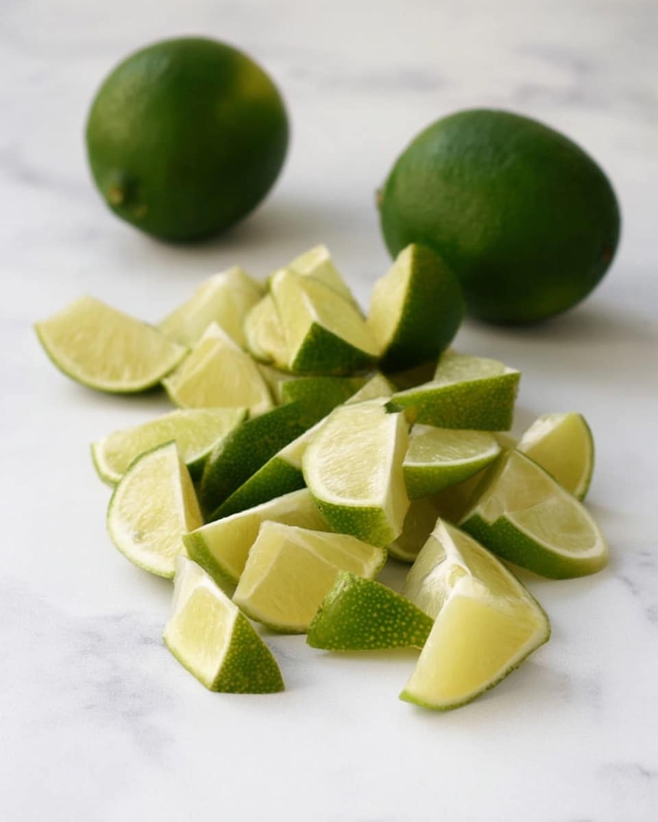 The image shows a white marbled surface with three whole green limes in the background. In the foreground, there is a pile of lime wedges arranged loosely, each wedge showing a bright green rind and a pale yellow-green juicy interior. The wedges vary in size but are mostly small and triangular. The scene looks fresh and simple, with the limes providing a natural contrast to the clean marbled surface. photo taken with an iphone --ar 4:5 --v 7