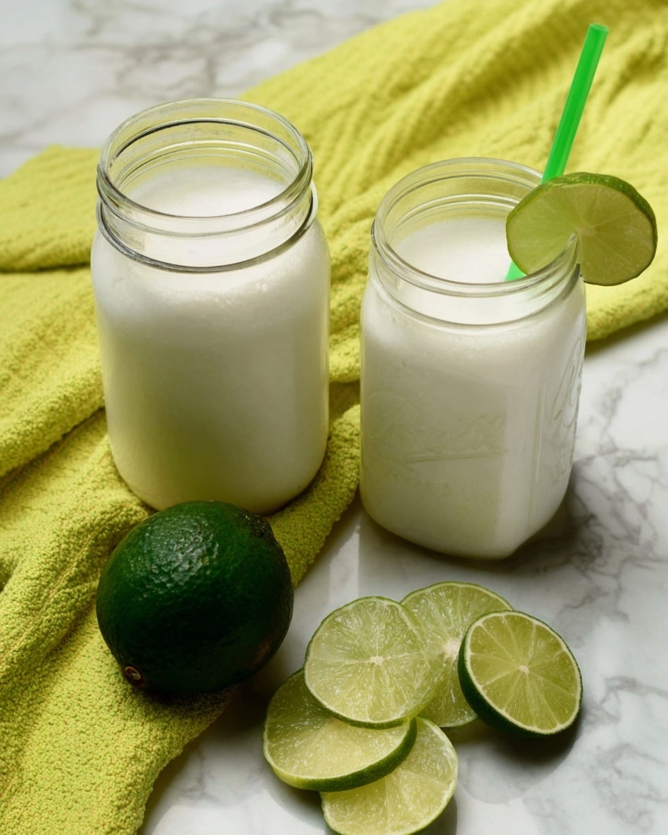 Two clear glass jars filled with a thick white drink sit on a white marbled surface. One jar is plain, while the other has a green straw and a slice of lime on its rim. In front of the jars, a whole dark green lime and three lime slices are arranged. A bright yellow-green textured cloth is folded behind the jars, adding color to the scene. Photo taken with an iphone --ar 4:5 --v 7