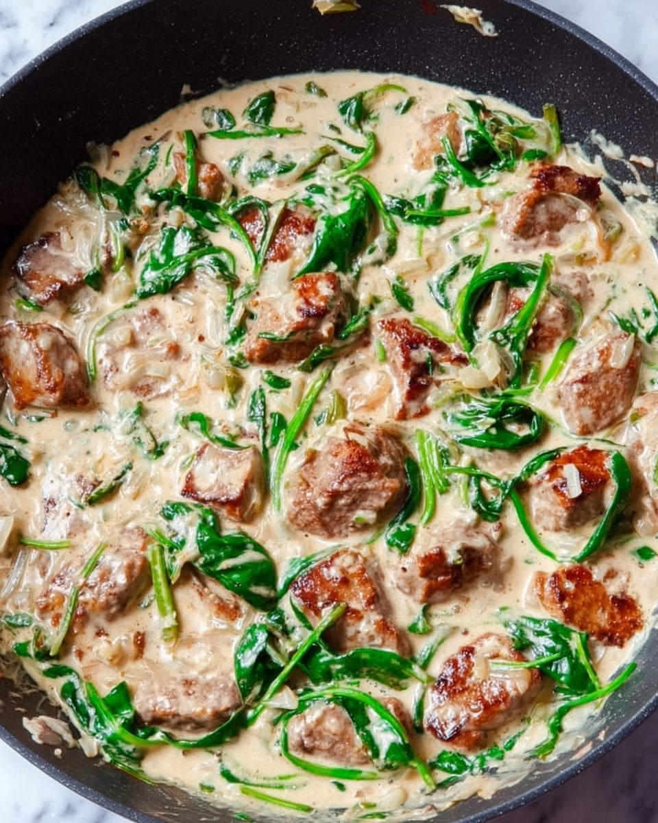 The image shows a close-up view of a black frying pan filled with a creamy sauce and pieces of browned meat scattered throughout. Bright green spinach leaves are mixed in with the sauce, adding color contrast to the light cream and golden brown of the meat. The sauce appears thick with small bits of onion and seasoning visible, giving texture to the dish. The pan is placed on a white marbled surface. Photo taken with an iphone --ar 4:5 --v 7