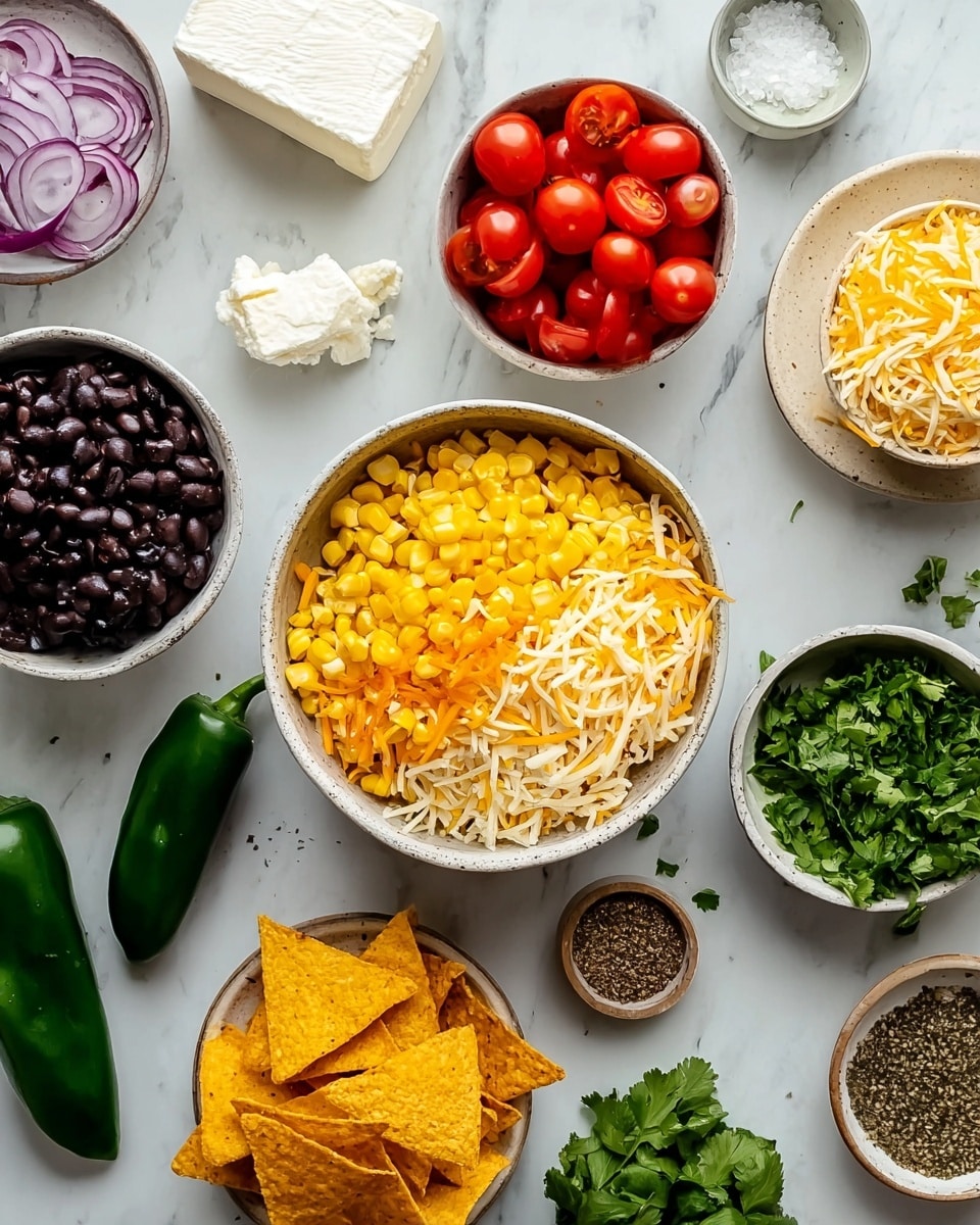 The image shows a flat lay of small bowls and ingredients arranged on a white marbled surface. There is a bowl of bright yellow corn mixed with shredded pale orange cheese in the center. Around it, small bowls hold black beans, bright red cherry tomatoes cut in halves, fresh green chopped cilantro, and a white creamy ingredient. Two whole dark green jalapeños and one sliced jalapeño are placed on the surface. A small bowl holds orange-yellow tortilla chips, and small bowls with coarse white salt and mixed spices are also present. A block of white cheese and thinly sliced purple onion are at the top left. The colors and textures of the items are fresh and vivid. Photo taken with an iphone --ar 4:5 --v 7