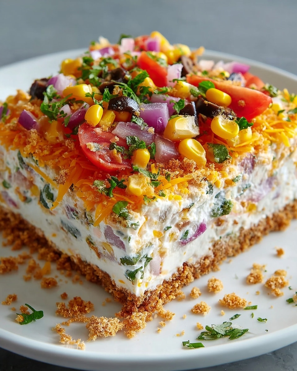 A square slice of layered dip sits on a white plate on a white marbled surface, showing three distinct layers. The bottom layer is a crunchy brown crumb base, the middle layer is a creamy white filling mixed with pieces of red onion and green herbs, and the top layer is covered with shredded orange cheese. The very top is decorated with a mix of bright red tomato pieces, yellow corn kernels, purple onion chunks, small black olives, green parsley leaves, and more crunchy crumbs, some of which have fallen onto the plate around the dip. Photo taken with an iphone --ar 4:5 --v 7