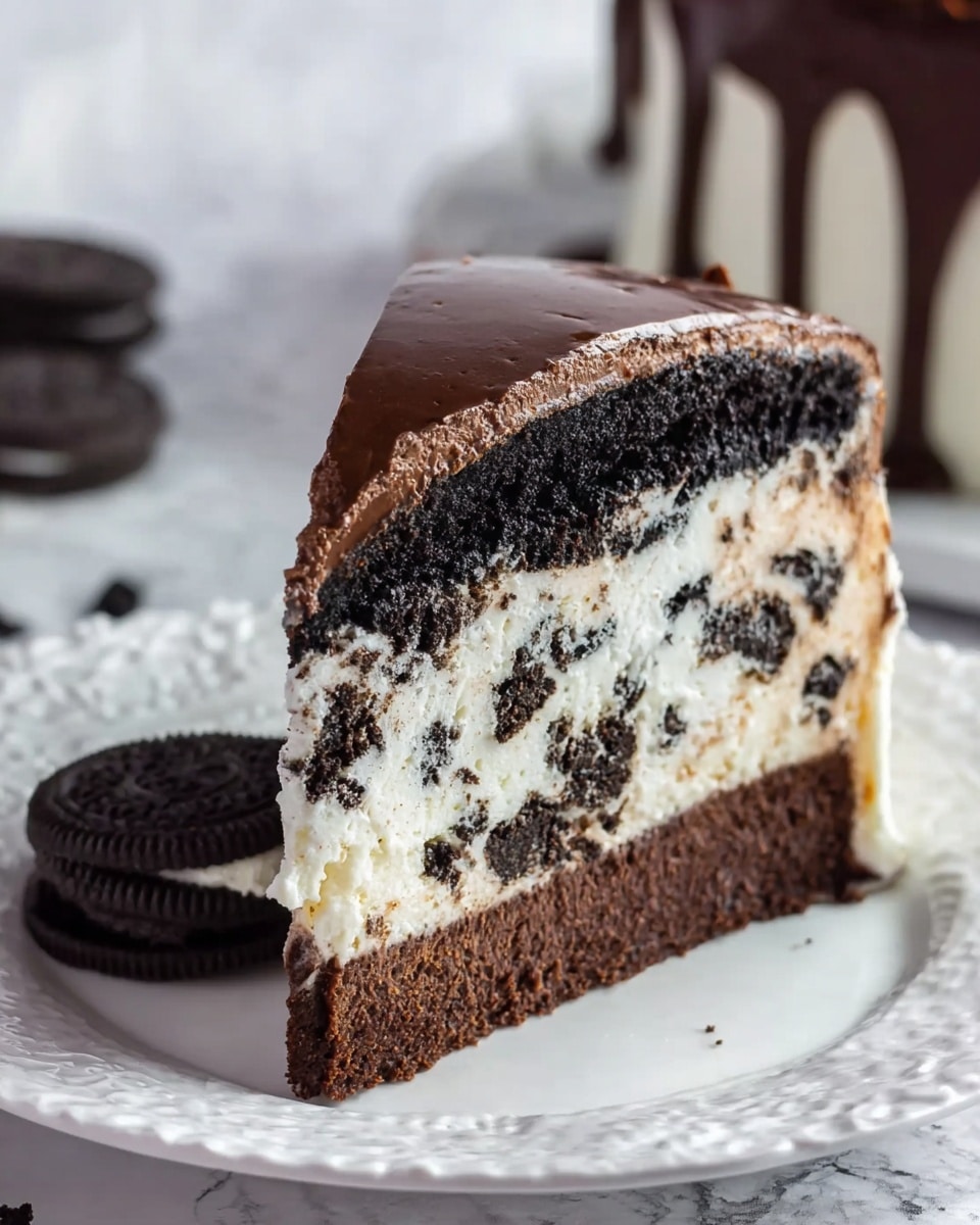 A slice of cake sits on a white ornate plate with three visible layers: the bottom layer is a dark brown, dense chocolate cake; the middle layer is a thick white cream with chunks of dark chocolate cookies mixed in; the top layer is a smooth chocolate ganache with a shiny finish. The background shows a white marbled texture with an Oreo cookie lying nearby. photo taken with an iphone --ar 4:5 --v 7