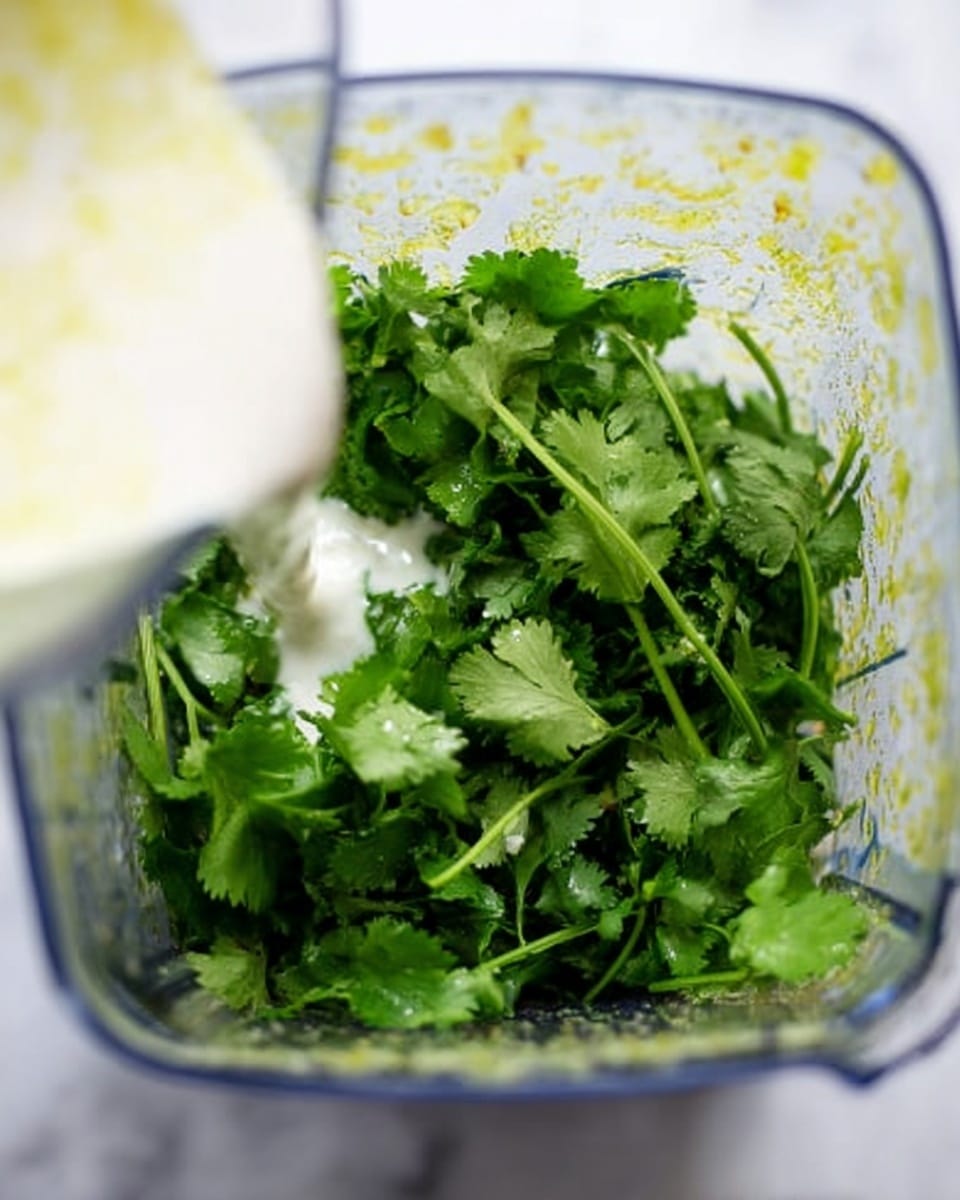 A clear glass bowl holds light yellow cooked spaghetti with smooth texture, filling most of the bowl. A woman's hand is pouring creamy green sauce over the top from a container, the sauce flowing thick and smooth as it covers the noodles. A silver metal tong is partly inside the bowl resting on the spaghetti. The setting has a white marbled background. photo taken with an iphone --ar 4:5 --v 7