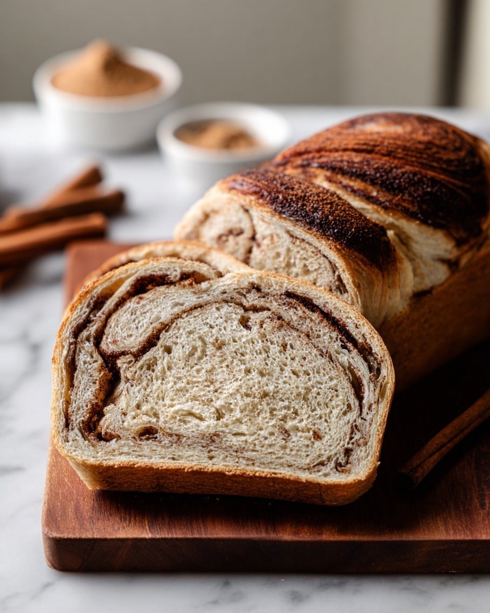 The image shows two thick slices of cinnamon swirl bread placed on a wooden board. The front slice reveals a soft, light beige crumb with cinnamon-colored swirls inside, while the crust is golden brown with a darker edge. Behind it, the second slice leans slightly back, displaying a similar texture and a shiny, darkened crust. In the background, small white bowls hold brown sugar and cinnamon sticks, all set against a white marbled surface. photo taken with an iphone --ar 4:5 --v 7