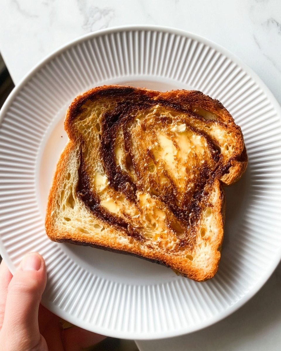 A single slice of toasted bread with visible dark brown swirls, likely cinnamon or chocolate, covers the main part of the slice with a golden brown toasted surface. Patches of melted butter are spread across, showing a shiny texture, especially near the top and middle. The edges are darker toasted, almost burnt in some spots. This slice rests on a white plate with a ridged edge and a clean surface, held by a woman's hand visible at the bottom left corner. The background features a white marbled texture. Photo taken with an iphone --ar 4:5 --v 7