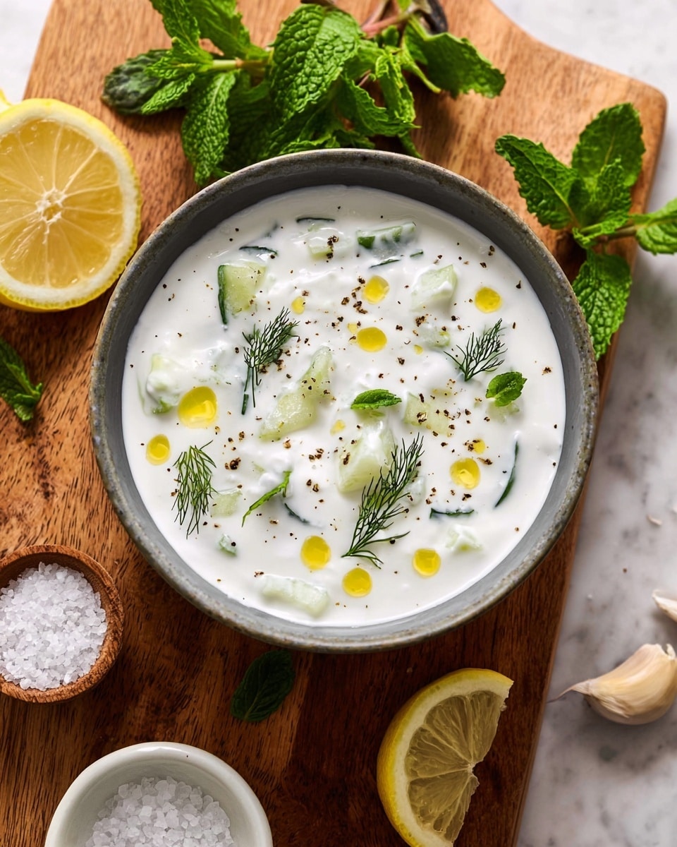 A close-up of a bowl filled with white yogurt mixed with small white pieces of cucumber and scattered green dill and mint leaves. The yogurt has small yellow drops of oil on top and some ground black pepper specks. The bowl is placed on a wooden cutting board with fresh green mint leaves on the top left and lemon halves on the bottom left and right sides. There is a small white bowl with coarse salt and a clove of garlic near the cutting board. The background is a white marbled texture. Photo taken with an iphone --ar 4:5 --v 7