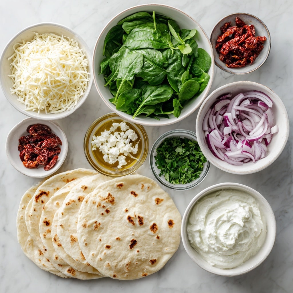 The image shows five golden brown quesadilla triangles arranged in a circle on a white plate placed on a white marbled surface. Each quesadilla piece has a crisp, slightly browned outer layer with visible grill marks. Inside, there are multiple layers of creamy white cheese, dark green cooked spinach, and soft pieces of purple onions with some small bits of sun-dried tomatoes. The quesadillas are garnished with small green herb pieces sprinkled on top and between the layers. photo taken with an iphone --ar 4:5 --v 7