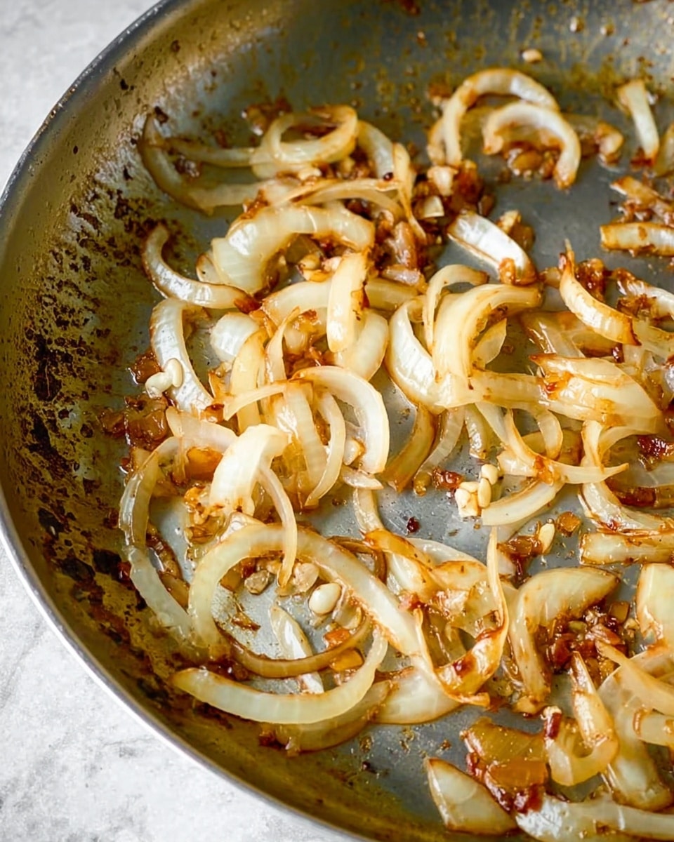 The image shows a close-up of a silver frying pan with cooked sliced onions and small chopped pieces of garlic inside. The onions are light golden to brown with some parts slightly caramelized, showing a mix of soft textures and slight crisp edges. The pan has some dark brown cooked spots and oil residue scattered around, giving it a well-used look. The white marbled surface is faintly visible beneath the pan. Photo taken with an iphone --ar 4:5 --v 7