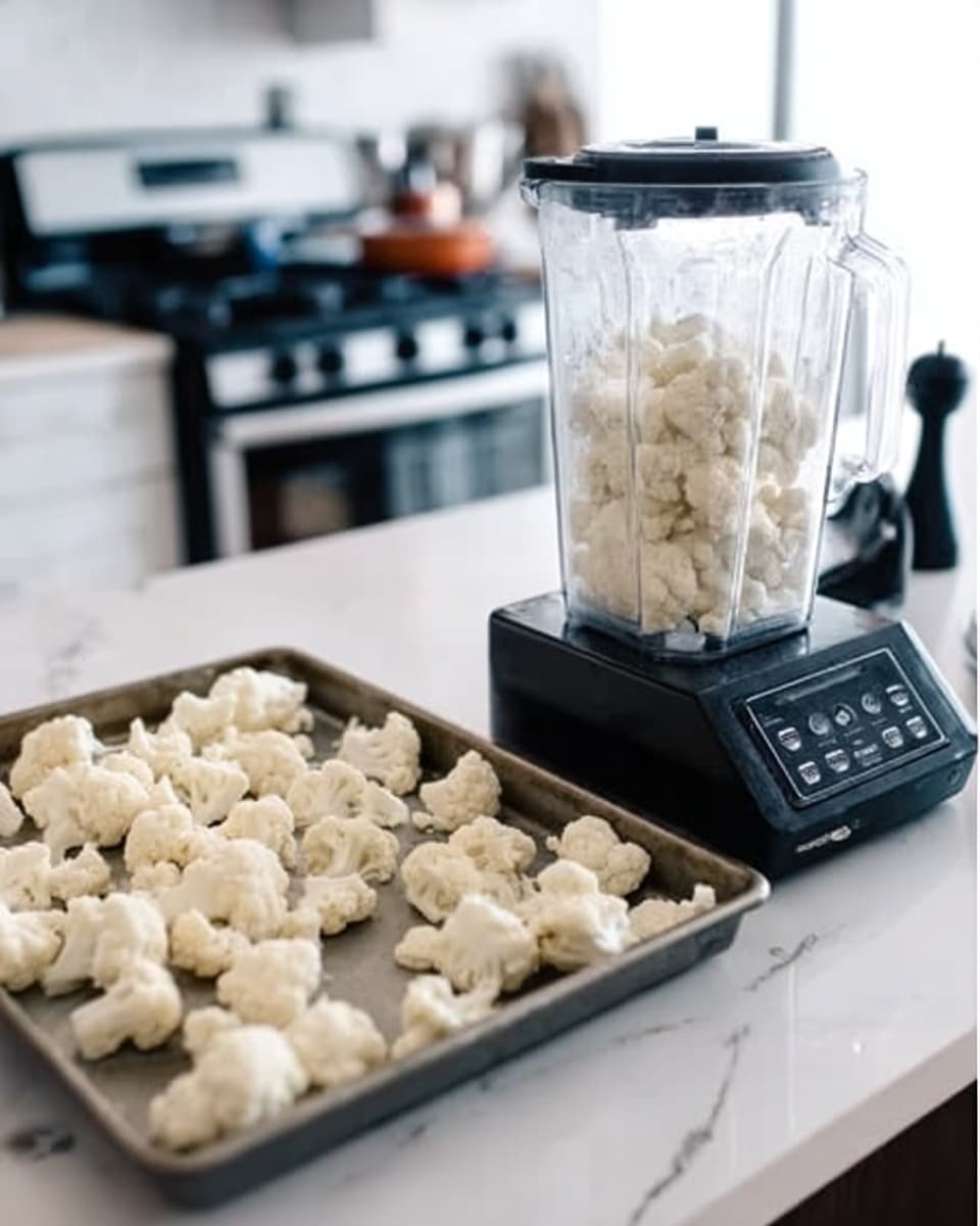 The image shows two parts: on the left, an oven tray filled with many small white cauliflower florets spread evenly, their textures rough and uneven, resting on a white marbled surface. On the right, a clear blender jar filled with the same cauliflower pieces inside, sitting on a black blender base with several buttons and a digital display, placed on a white marbled countertop. The background includes kitchen items like a black tamper tool next to the blender jar and a stove with kitchen equipment in soft focus. photo taken with an iphone --ar 4:5 --v 7