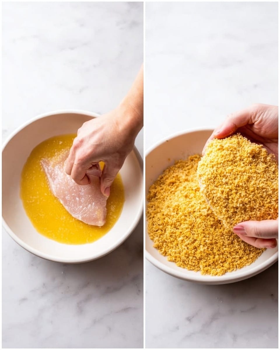 The image is split into two parts. On the left, a woman's hand dips a light pink piece of raw meat into a shallow white bowl containing a thick yellow mixture, likely egg wash. The texture of the mixture looks smooth and shiny. On the right, a woman's hand holds the same piece of meat, now fully covered in a coarse golden-yellow crumb coating, above another shallow white bowl filled with the crumbs, which have a rough texture and bright golden color. Both bowls are placed on a white marbled surface. photo taken with an iphone --ar 4:5 --v 7