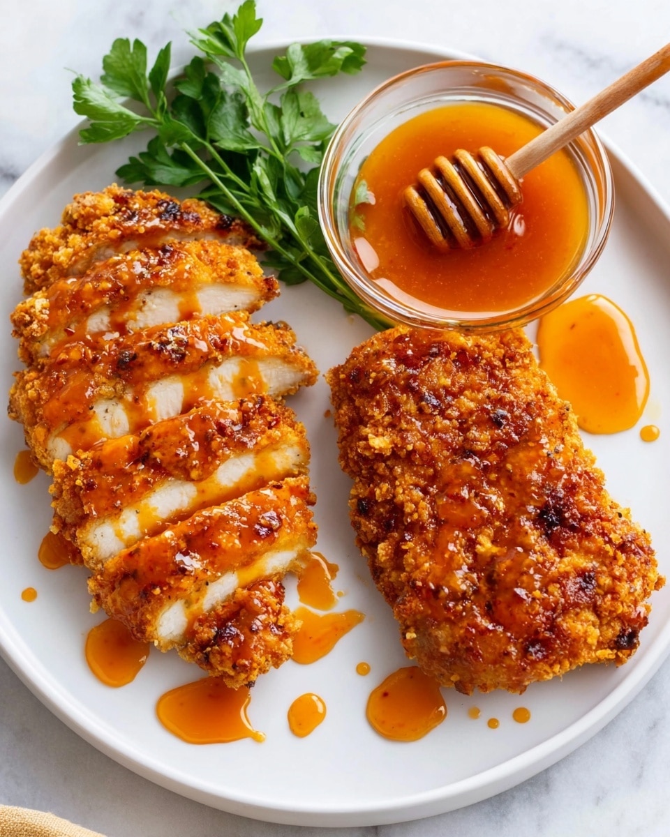 Hot Honey Chicken Recipe 5 On a white plate with a white marbled background, there is a crispy golden brown fried chicken piece on the right side, covered with a shiny orange sauce. Next to it on the left side, there is another fried chicken piece sliced into six strips showing the white inside, also drizzled with the same orange sauce. On the top right side of the plate, there is a small glass bowl filled with orange sauce and a wooden honey dipper resting inside. A small bunch of fresh green parsley is placed beside the bowl. The sauce is slightly spread around the chicken on the plate, creating small orange drops. Photo taken with an iphone --ar 4:5 --v 7