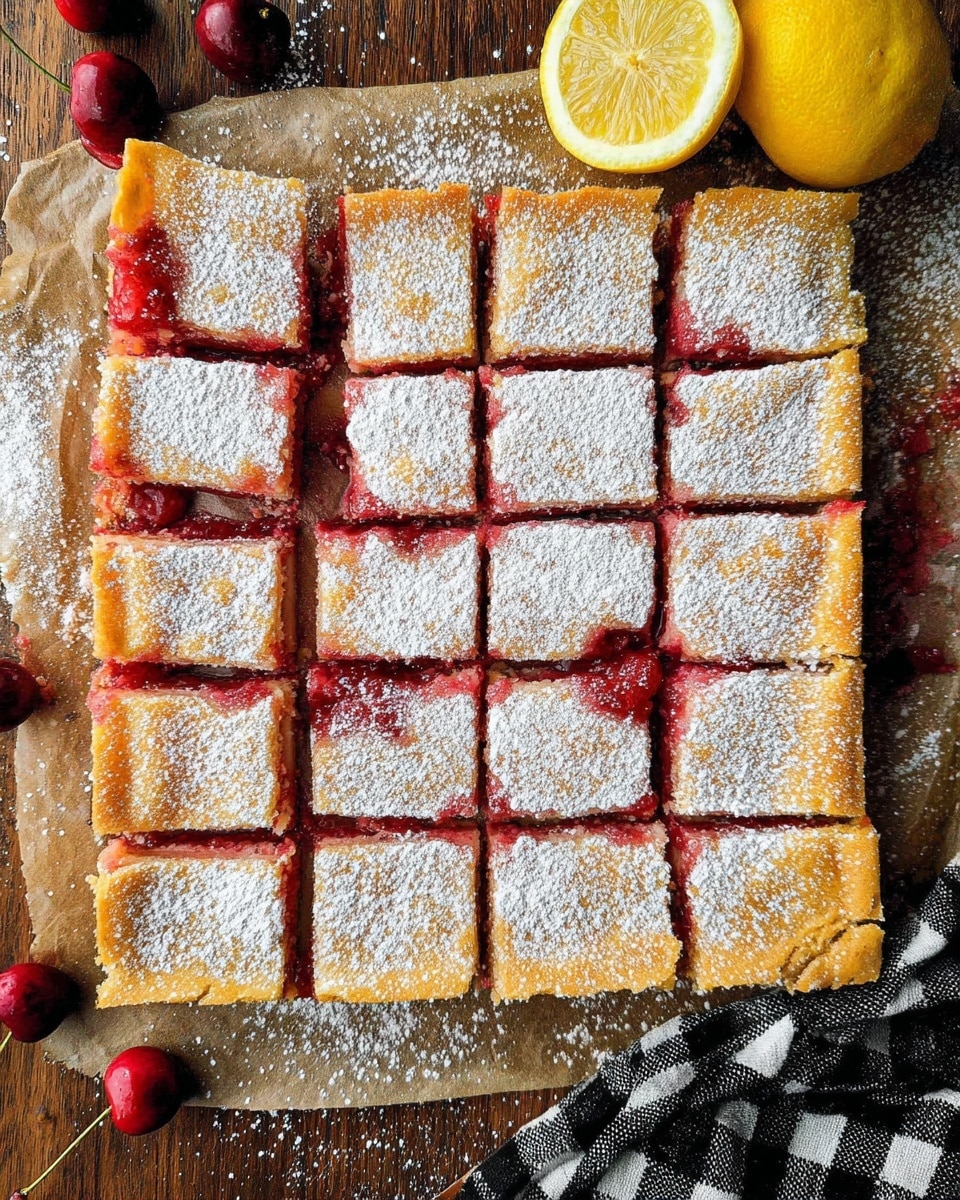The image shows a square dessert cut into 16 pieces with a golden-brown top layer dusted heavily with white powdered sugar. Underneath the top crust, a reddish layer with a slightly jammy texture peeks through the cuts in the dessert. The dessert rests on a sheet of parchment paper that sits on a wooden surface, with some powdered sugar scattered around the edges. Around the dessert, there are a few fresh red cherries and a halved lemon with the inside flesh showing. A folded black and white checkered cloth is partially visible in the bottom right corner. photo taken with an iphone --ar 4:5 --v 7