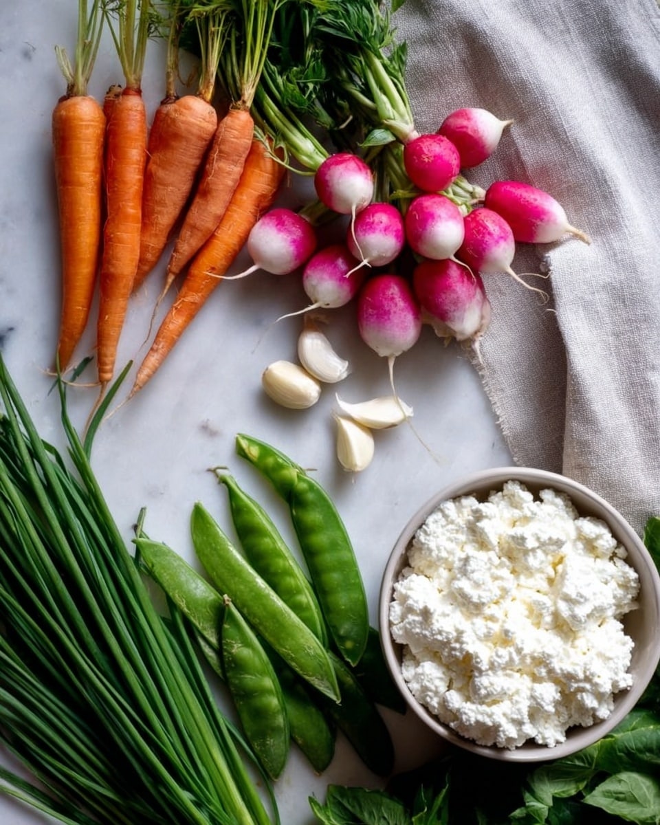 The image shows a white marbled surface with fresh vegetables and a bowl of white cottage cheese. At the top left corner, there are small orange carrots with green tops, next to pink and white radishes with roots still attached. Below them, several bright green pea pods are open, showing the peas inside. To the left bottom corner, there are long green chives bundled together. Towards the right side, there are three peeled white cloves of garlic lying near a light gray cloth. At the bottom right corner, there is a white bowl filled with soft, fluffy cottage cheese. Bright green leaves are visible at the far right edge. Photo taken with an iphone --ar 4:5 --v 7