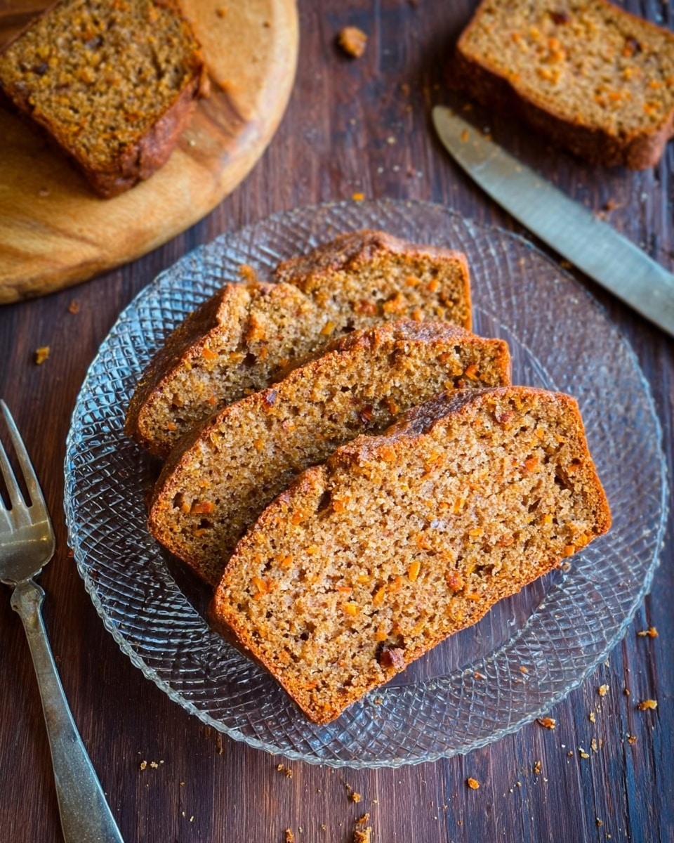 Three slices of brown bread with orange bits are stacked slightly overlapping on a clear textured glass plate, placed on a dark wooden surface. There are small crumbs scattered on the surface around the plate. Above the plate, there is a wooden board with two more slices of the same bread and a small bread piece beside it. To the right side of the plate, a knife and a fork lie parallel on the wooden surface. The bread texture looks soft and slightly dense with a speckled pattern. photo taken with an iphone --ar 4:5 --v 7