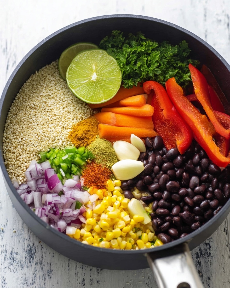 A close-up view of a black cooking pan filled with different fresh ingredients, arranged in sections. On the top left, there is a pile of small white quinoa grains, beside dark green flat parsley leaves and two round slices of lime with light green edges. Bright orange carrot sticks are next, followed by vibrant red bell pepper strips at the bottom right. Black beans take the bottom center space next to two whole garlic cloves. Bright yellow corn kernels with some chopped green herbs fill the bottom left section, alongside purple onion slices. Some green onion pieces and small piles of yellow and orange spices are placed in the center, all arranged neatly on a white marbled surface. Photo taken with an iphone --ar 4:5 --v 7