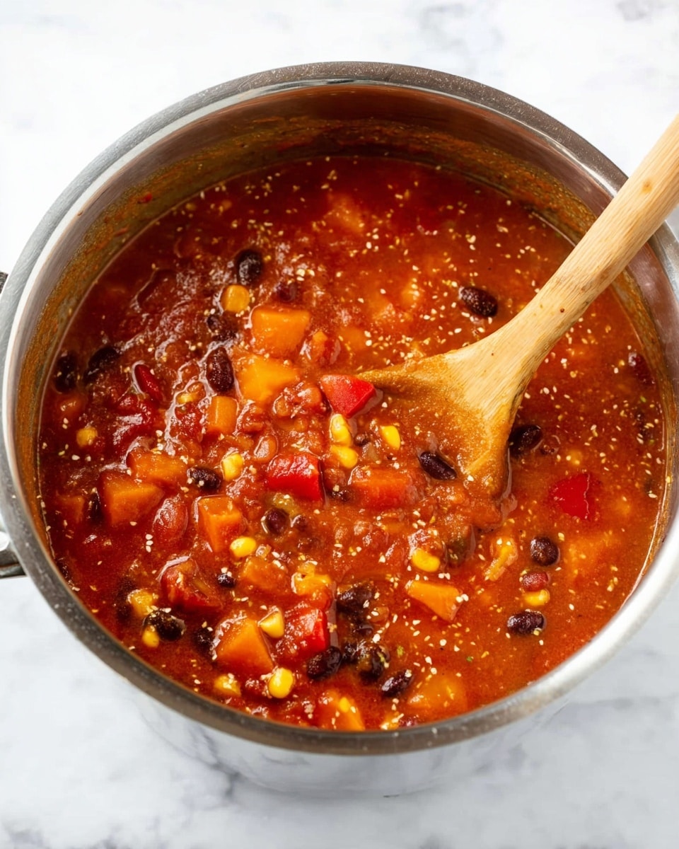 A metal pot filled with a thick, red-orange stew that has visible chunks of orange bell peppers, red pieces, black beans, yellow corn, and small white seeds floating on the surface. A wooden spoon is partially dipped into the stew, resting inside the pot. The pot is placed on a white marbled surface. The stew looks rich and colorful with a mixture of soft and firm textures visible photo taken with an iphone --ar 4:5 --v 7