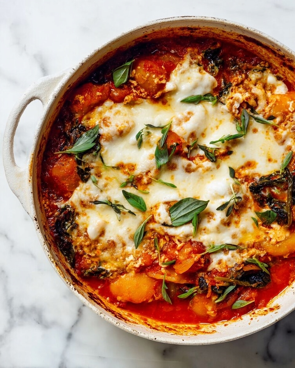 A close-up view of a white cast iron pot filled with a vibrant dish made of soft orange gnocchi, green leafy herbs, and melted white cheese, all mixed in a rich red tomato sauce. The gnocchi form the base layer, coated with the thick sauce that shows some texture of cooked tomatoes. White melted cheese pieces are spread unevenly across the dish, bubbling and blended into the sauce. Fresh small green herb leaves are scattered on top and around the pot, adding a fresh look. A silver spoon is placed inside the pot, partly covered by the gnocchi and sauce. The pot rests on a white marbled surface with a few herb leaves scattered around. photo taken with an iphone --ar 4:5 --v 7