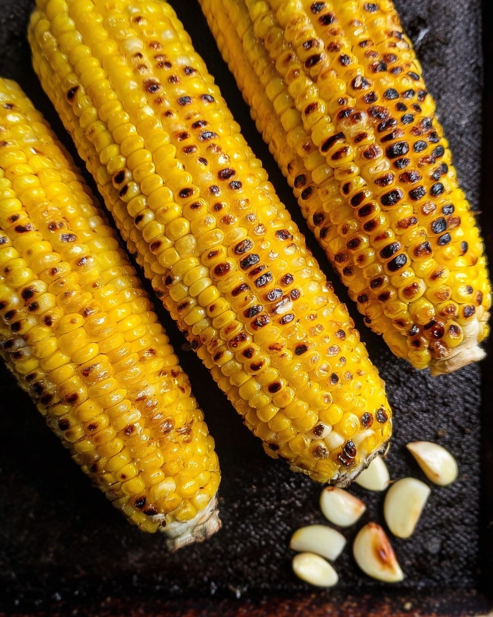 Three grilled yellow corn cobs with some white kernels show brown and black grill marks on their surfaces. They are laid close together on a dark baking tray, with garlic cloves scattered near the bottom right corner. The background is white marbled texture. Photo taken with an iphone --ar 4:5 --v 7