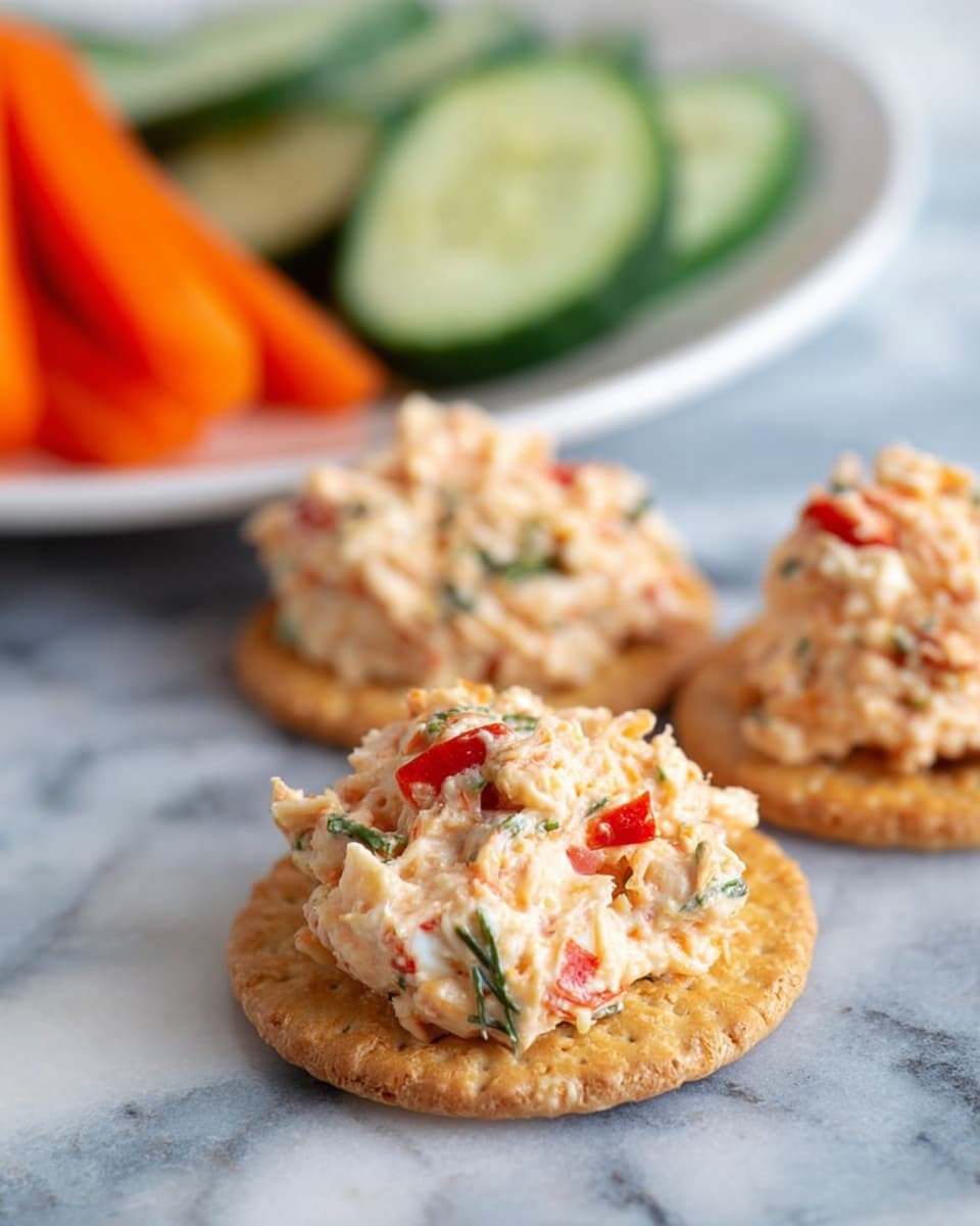 The image shows three round, golden-brown crackers on a white marbled surface, each topped with a chunky, creamy spread made of light orange and white bits with visible pieces of red pepper and green herbs, creating a colorful and textured look; in the background, there is a white plate blurred with green cucumber slices and orange carrot sticks. photo taken with an iphone --ar 4:5 --v 7