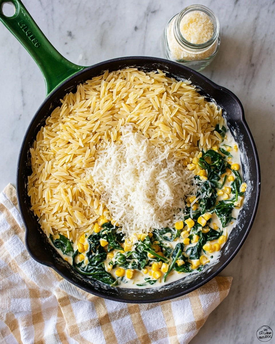 In a black skillet with a green handle, there are three main layers visible: a large mound of pale yellow orzo pasta covering about half of the pan, a pile of finely grated white cheese resting on and slightly mixing with the pasta, and a creamy white sauce filled with bright yellow corn kernels and dark green spinach leaves filling the other half of the pan. The skillet rests on a white and beige checked cloth, placed on a white marbled surface with a glass shaker of grated cheese nearby. photo taken with an iphone --ar 4:5 --v 7