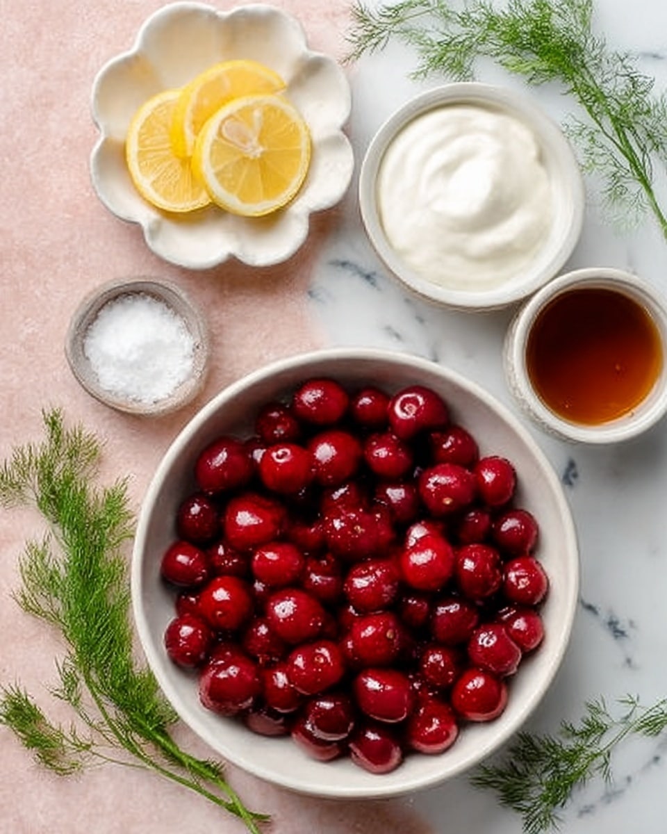 The image shows a white bowl filled with bright red cherries, placed on a white marbled surface. Above the bowl, there is a small white flower-shaped dish holding two lemon slices, next to a small white bowl with smooth white cream. To the right, a small white bowl contains a white powder, and next to it is a small white cup filled with dark amber liquid. Green dill sprigs are scattered around on the white marbled surface, adding a fresh touch. Photo taken with an iphone --ar 4:5 --v 7