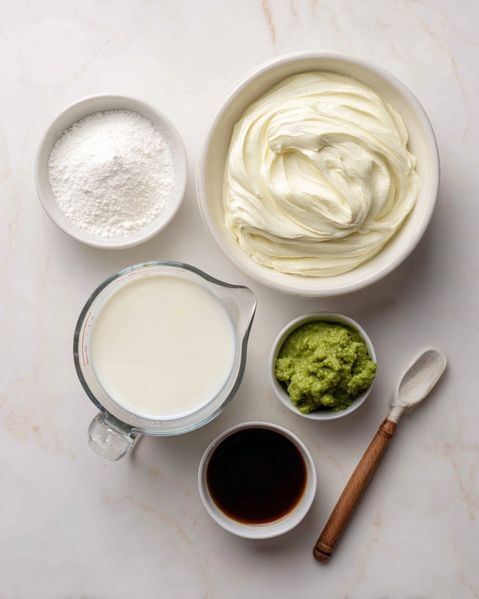 The image shows five ingredients arranged on a white marbled surface. At the top right, there is a bowl filled with thick, creamy mascarpone cheese, which is off-white and smooth with gentle swirls on the surface. Below and to the left, there is a smaller white bowl with a mound of fine, white powdered sugar. To the right of that, a small white bowl contains glossy, dark green pistachio paste with a slightly uneven texture. In the bottom left corner, a transparent glass measuring cup holds heavy cream, which is white and liquid with a smooth surface. Next to it on the right, there is a small wooden-handled spoon with a small amount of dark brown vanilla liquid. All items are spaced evenly, placed on the white marbled background. photo taken with an iphone --ar 4:5 --v 7