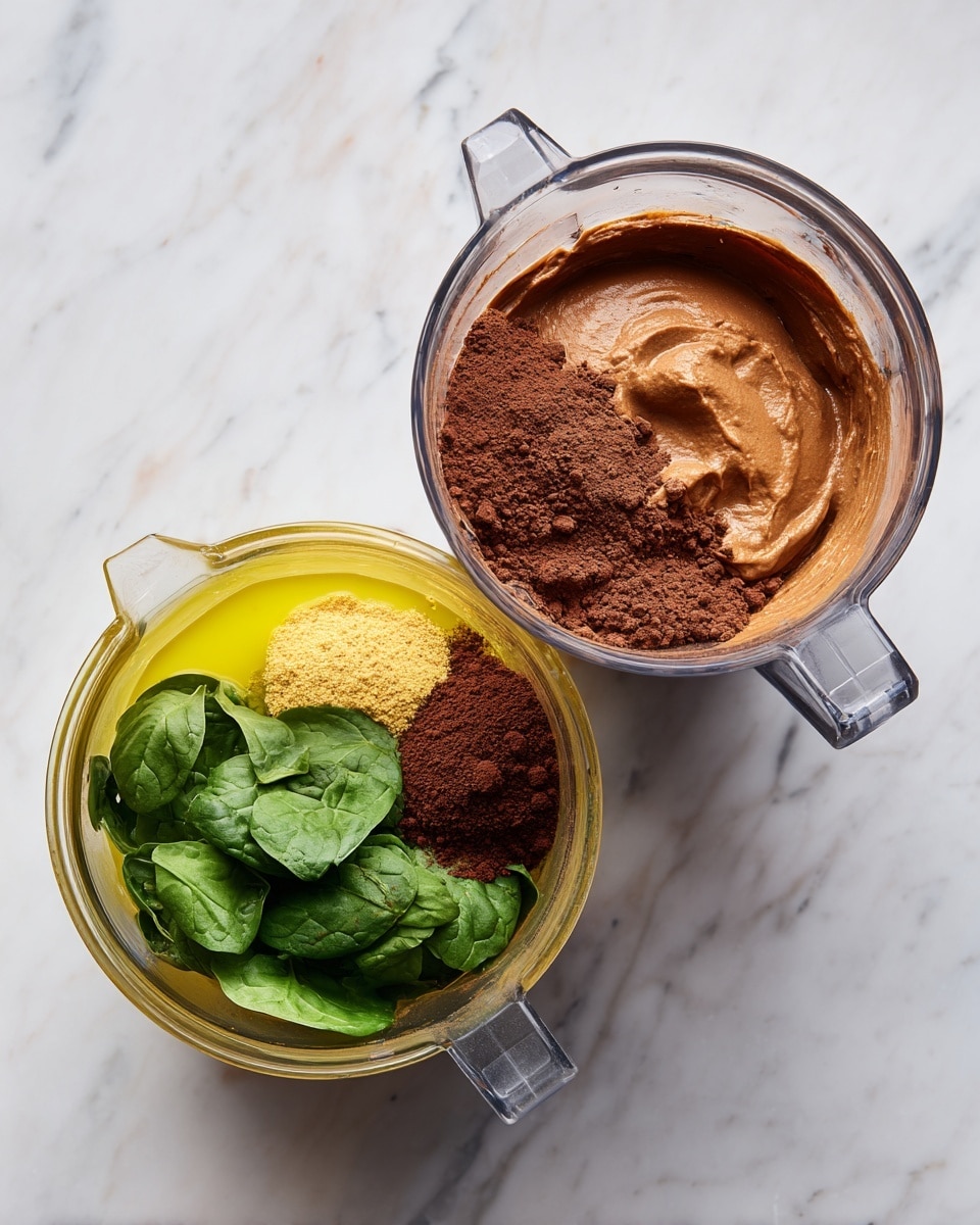 The image shows two clear blender containers from above, placed on a white marbled surface. The first blender container holds several ingredients before blending, arranged as separate layers: a yellow liquid (likely oil) on the left side, fresh green leaves (spinach) spread mainly on the bottom right, a dark brown powder (cocoa or similar) on the right, and a small amount of light brown powder (cinnamon) on the top left. The second blender container shows the same space now filled with a smooth, thick brown mixture evenly spread out, covering the entire inside surface. Photo taken with an iphone --ar 4:5 --v 7
