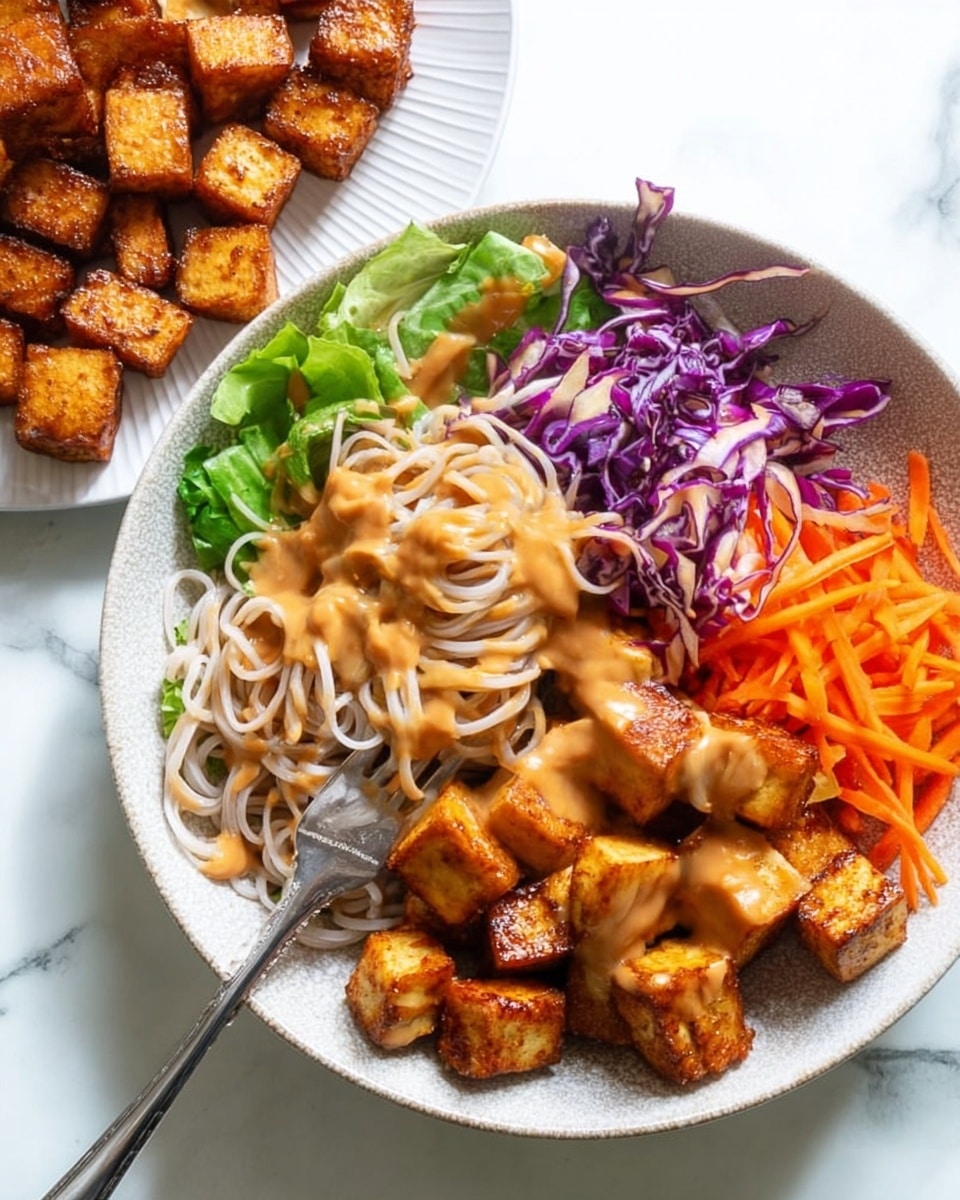 A white bowl sits on a white marbled surface, filled with layers of food. The bottom layer is light tan noodles, soft and loosely piled. On one side, there is thin shredded purple cabbage, next to bright green leafy lettuce, and thin orange shredded carrots. On top of the noodles are golden brown fried cubes of tofu, with a slightly crispy texture. A creamy brown sauce is drizzled generously over the tofu and noodles. To the side on the surface, there is a white plate holding more golden brown fried tofu cubes, arranged close together. A fork rests in the bowl near the tofu. Photo taken with an iphone --ar 4:5 --v 7