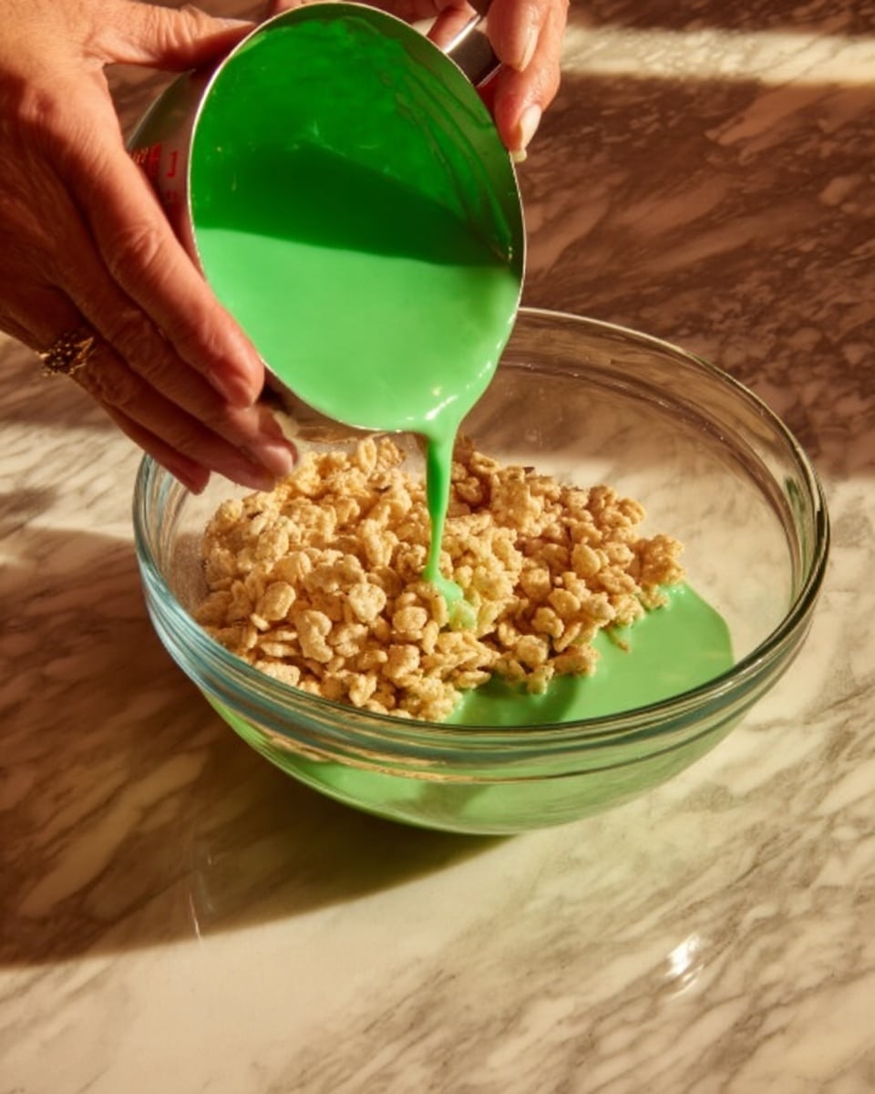 The image shows a clear glass bowl with a bright green, smooth mixture inside, being poured onto by a measuring cup filled with beige puffed cereal pieces. The woman's hand is steadying the bowl while another woman's hand holds the measuring cup tilted, allowing the cereal to fall into the green mixture. The setting is on a white marbled surface with warm lighting that highlights the shiny texture of the green mixture and the dry, airy texture of the cereal pieces. Photo taken with an iphone --ar 4:5 --v 7
