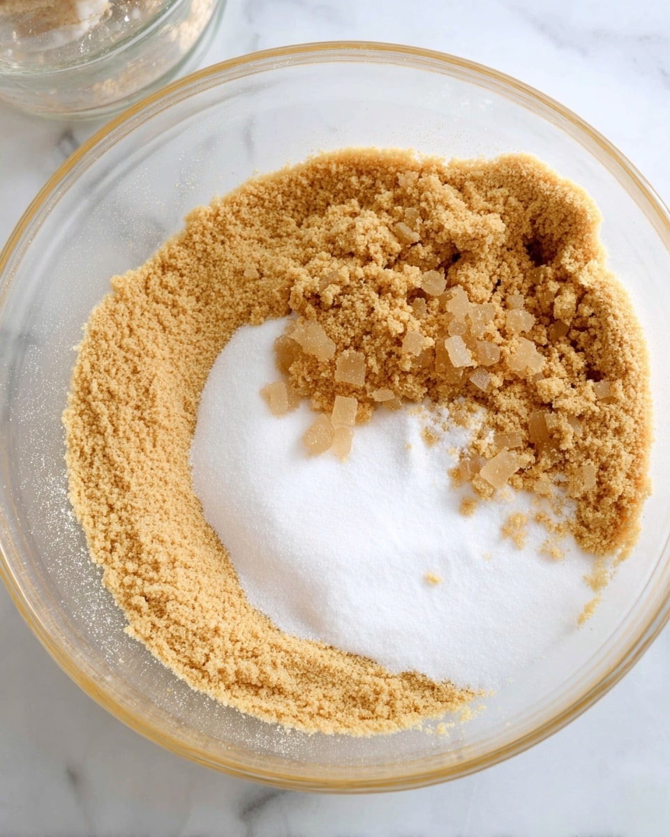 The image shows a close-up top view of a clear mixing bowl on a white marbled surface. Inside the bowl, there are two layers of dry ingredients: a thick layer of light brown crumbly sugar spread around the edge of the bowl, and a thick layer of fine white sugar more toward the center of the bowl, partly covered with more brown sugar chunks in the middle. In the top left corner of the image, part of a transparent glass container is visible. photo taken with an iphone --ar 4:5 --v 7