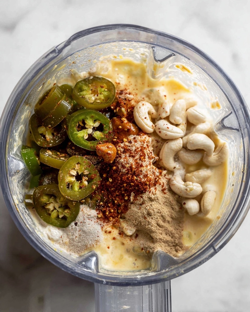 Inside a clear blender container, there are several layers of ingredients. At the bottom, there is a creamy pale yellow liquid. On the right side, light brown powder is spread next to thick white cashews. Multiple slices of green jalapeño peppers lean on the powder. Towards the left side, chopped green peppers spread out partly mixed with a whitish liquid. Sprinkled over everything are small amounts of reddish-brown spice. The blender is set on a white marbled surface. photo taken with an iphone --ar 4:5 --v 7