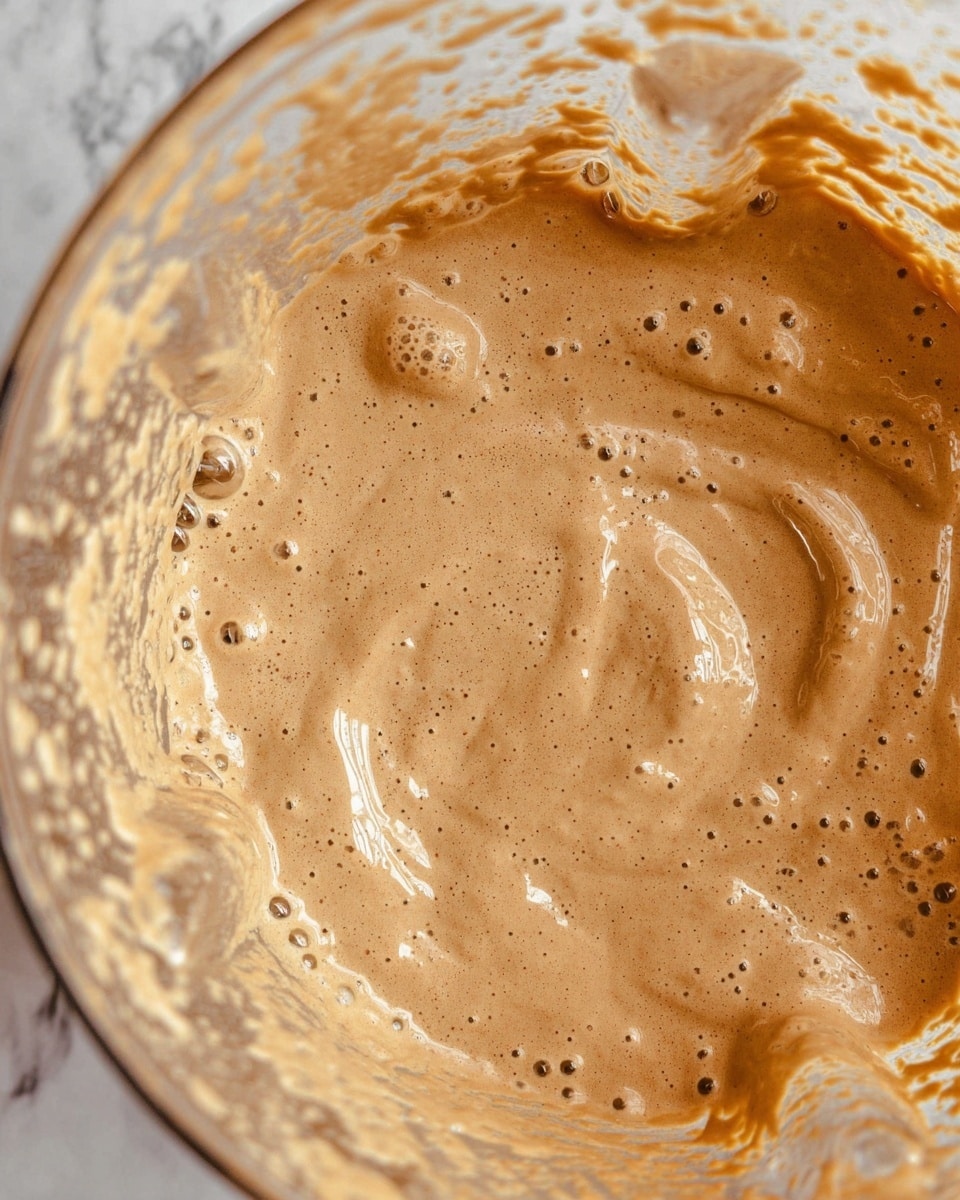 A close-up top view of a clear blender container filled with a smooth, creamy, light brown mixture with a frothy texture and some small bubbles and swirls on the surface. The mixture coats the edges of the blender, showing thick consistency. The background is a white marbled texture. photo taken with an iphone --ar 4:5 --v 7