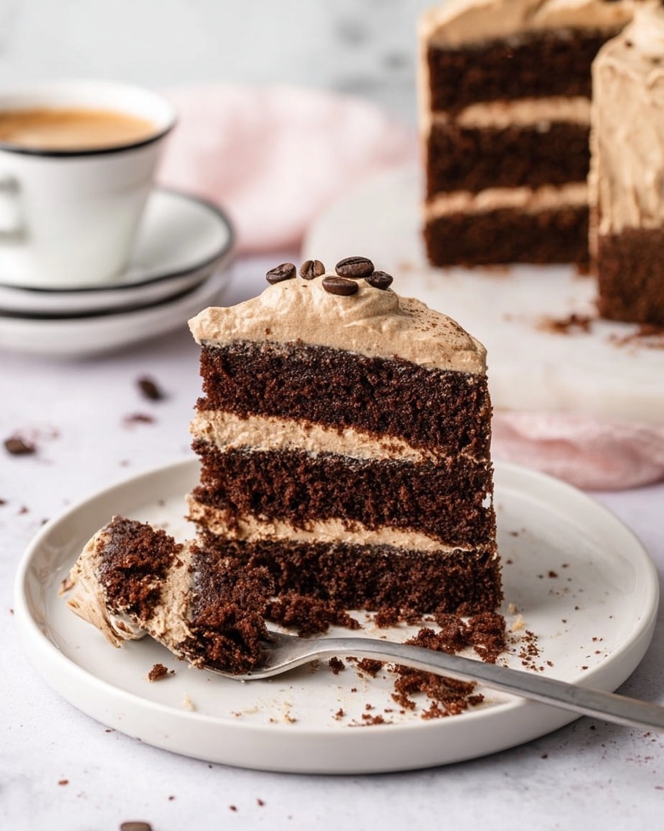 A slice of chocolate cake with three layers of dark brown, soft cake separated by two layers of light brown creamy frosting sits on a plain white round plate. The edges show frosting thickly spread. A fork holds a bite-sized piece of cake topped with frosting and two dark coffee beans, resting on the plate next to some crumbs and smudges of frosting. The background shows more of the same cake on a white plate with black rim, all placed on a white marbled surface. Photo taken with an iphone --ar 4:5 --v 7