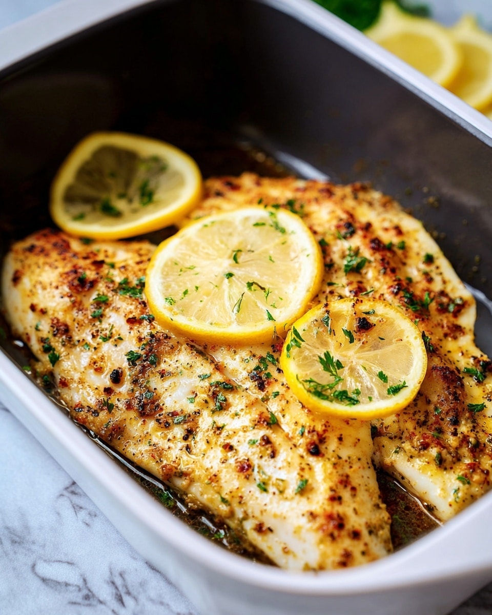 The image shows a close-up view of two pieces of baked fish placed side by side in a white rectangular dish with rounded edges. The fish fillets are golden brown with a slightly crispy texture, seasoned with small bits of herbs and spices sprinkled over the surface. Two thin lemon slices are laid on top of the fish, adding a bright yellow contrast to the warm tones of the dish. The dish sits on a white marbled texture surface with a blurred green garnish and lemon wedges visible in the background. photo taken with an iphone --ar 4:5 --v 7