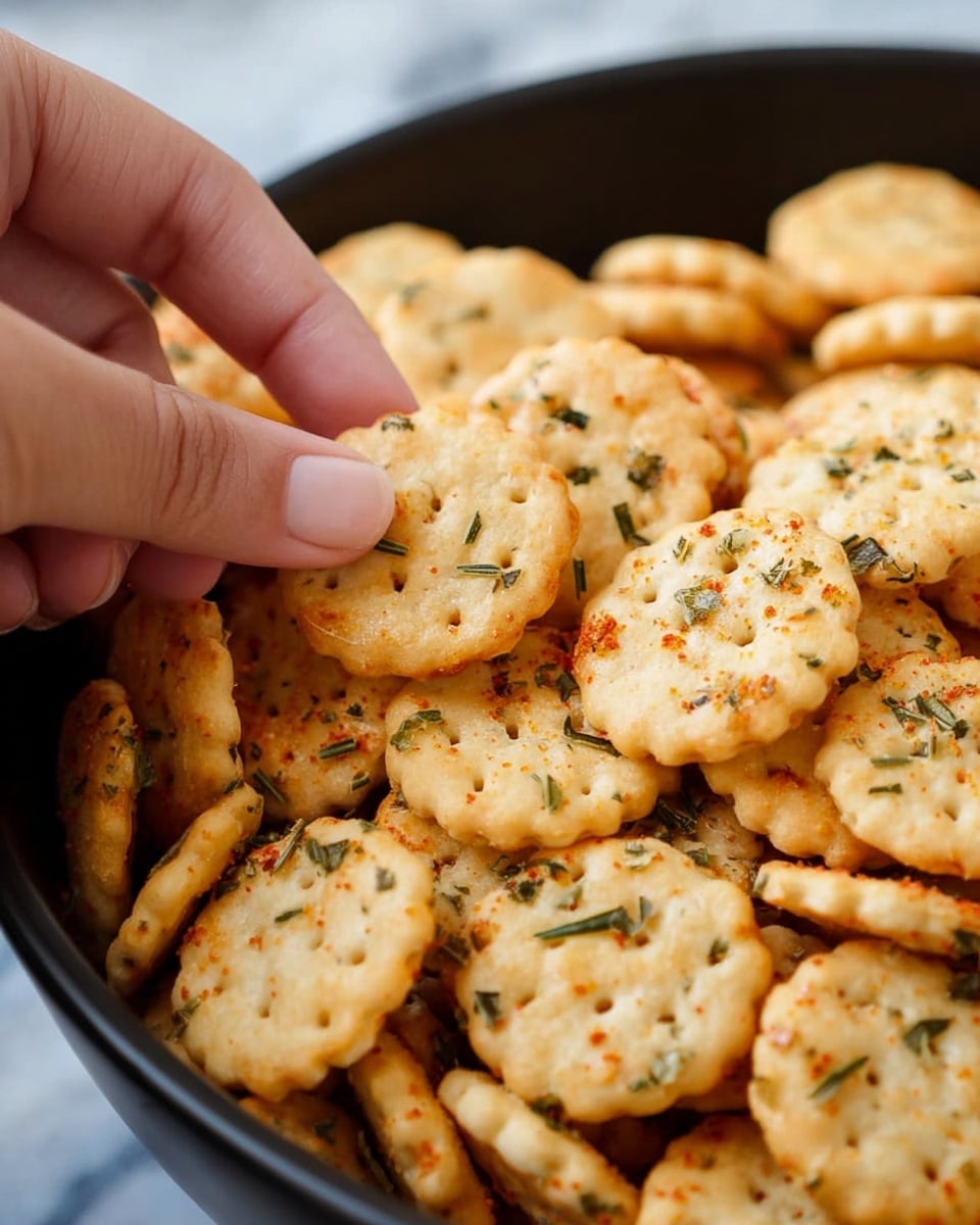 A close-up image shows a black bowl filled with many small round crackers, each topped with chopped herbs and spices. The crackers are light golden brown with slightly rough edges and a crispy texture. A woman's hand is picking up one cracker from the pile, holding it between fingers. The background features a white marbled texture. photo taken with an iphone --ar 4:5 --v 7