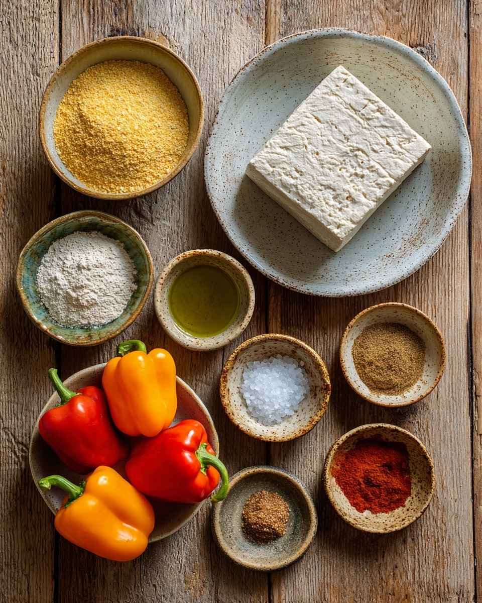 The image shows a flat lay of cooking ingredients arranged on a wooden surface. There is a large white speckled bowl containing a block of firm tofu at the top right. Around it are smaller bowls holding yellow nutritional yeast flakes, white salt, a greenish olive oil, white sugar, and a mix of ground spices including brown, red, and beige powders. In the center are several colorful mini bell peppers in shades of yellow, orange, and red clustered together. Each bowl is round with a rustic look, and everything is placed neatly. photo taken with an iphone --ar 4:5 --v 7